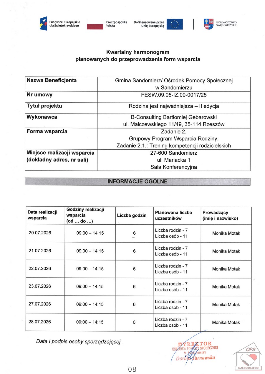 Kwartalny harmonogram planowanych do przeprowadzenia form wsparcia - Zadanie 2. Grupowy Program Wsparcia Rodziny, Zadanie 2.1 .: Trening kompetencji rodzicielskich