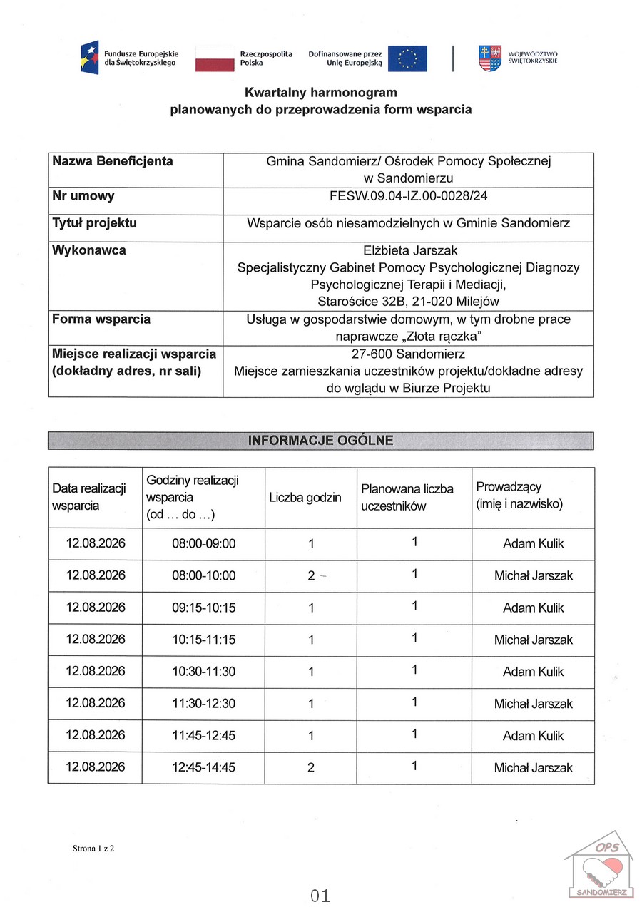 Kwartalny harmonogram planowanych do przeprowadzenia form wsparcia - Usługa w&nbsp;gospodarstwie domowym, w&nbsp;tym drobne prace naprawcze &bdquo;Złota rączka&rdquo; - sierpień 2026