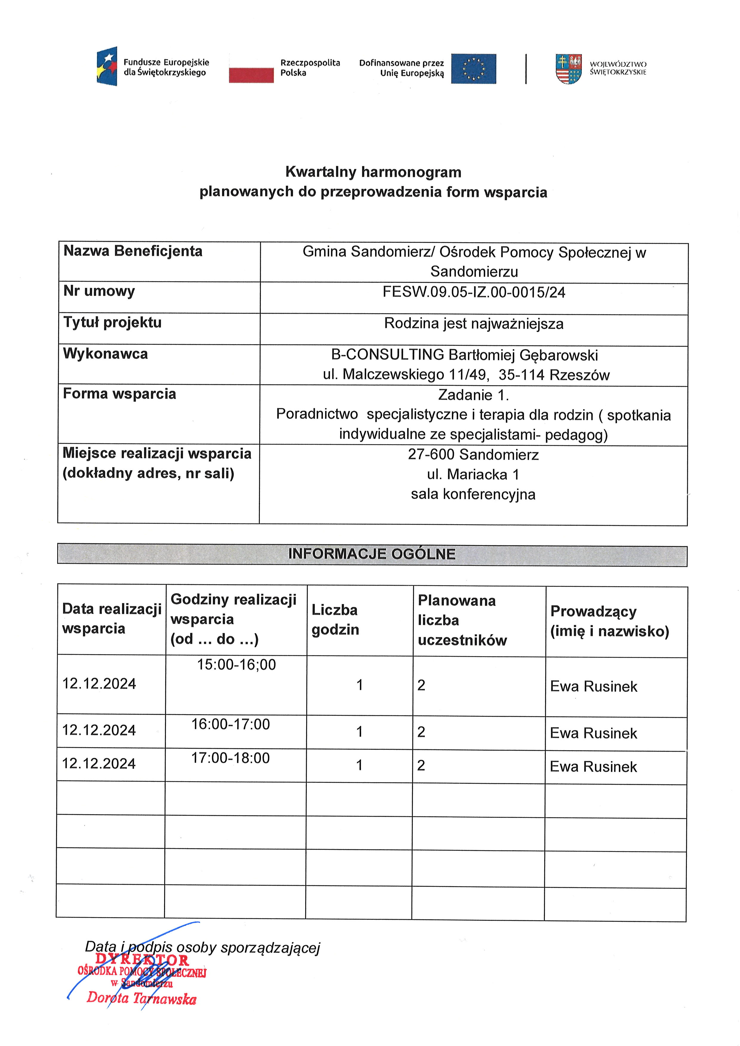 harmonogram planowanych do przeprowadzenia form wsparcia