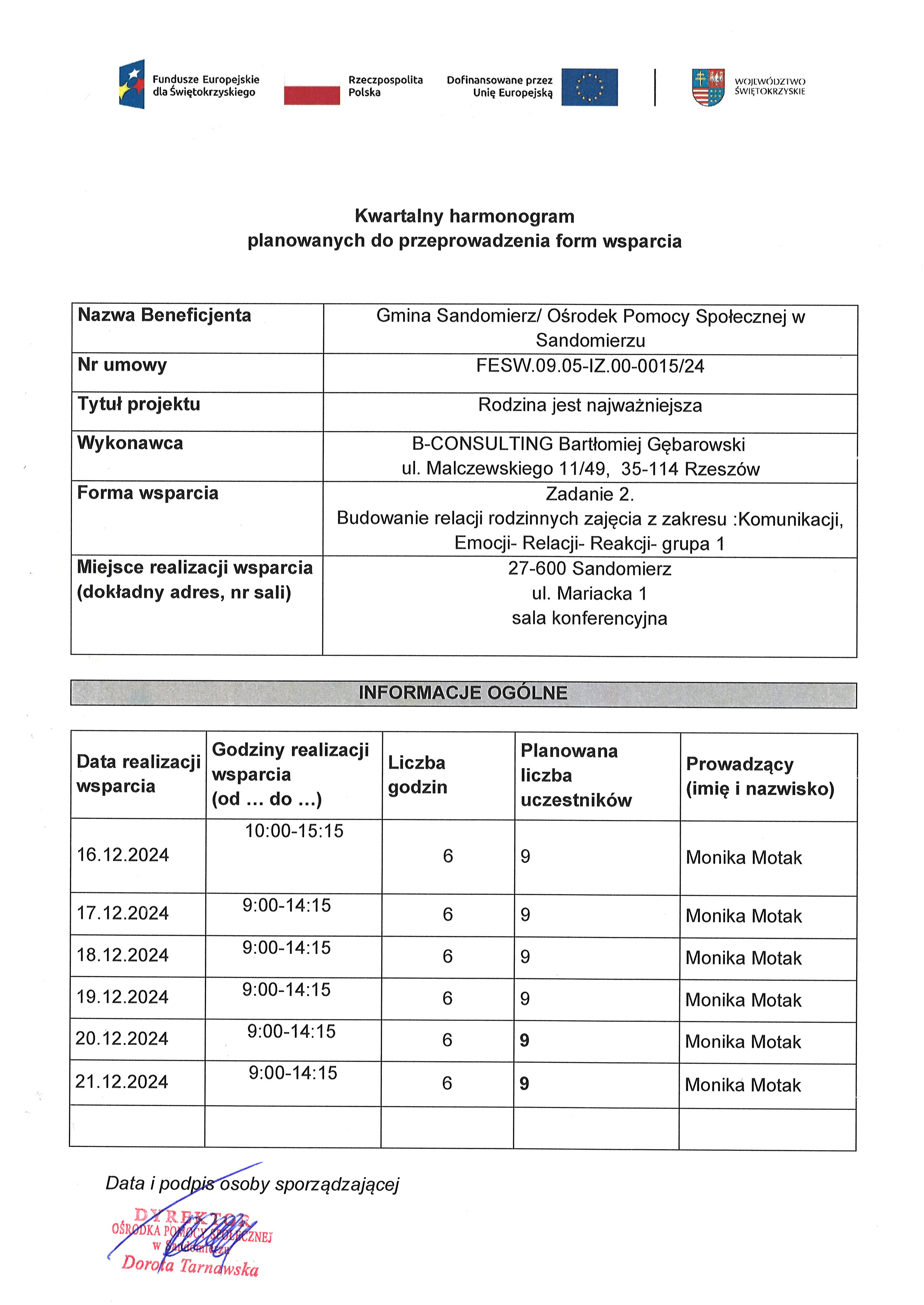 harmonogram planowanych do przeprowadzenia form wsparcia