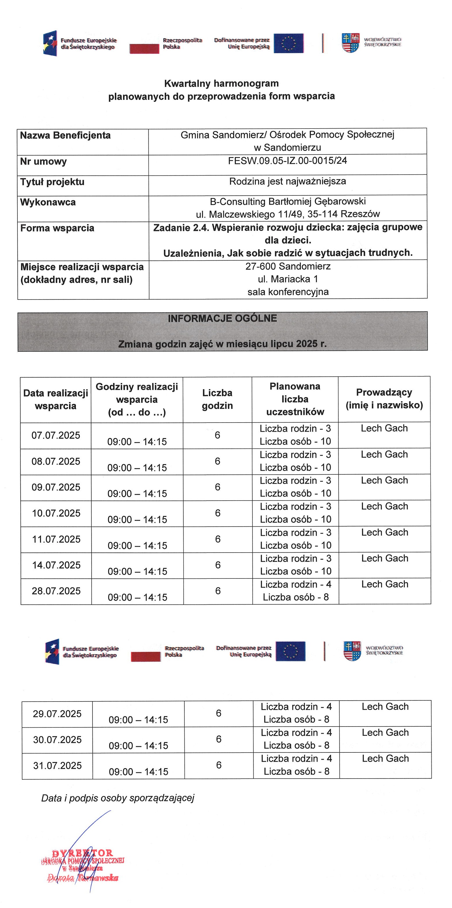 Harmonogram planowanch form wsparcia Zadanie 2.4. Wspieranie rozwoju dziecka zajęcia grupowe dla dzieci UZALEŻNIENIA zmiana godzin lipiec 2025