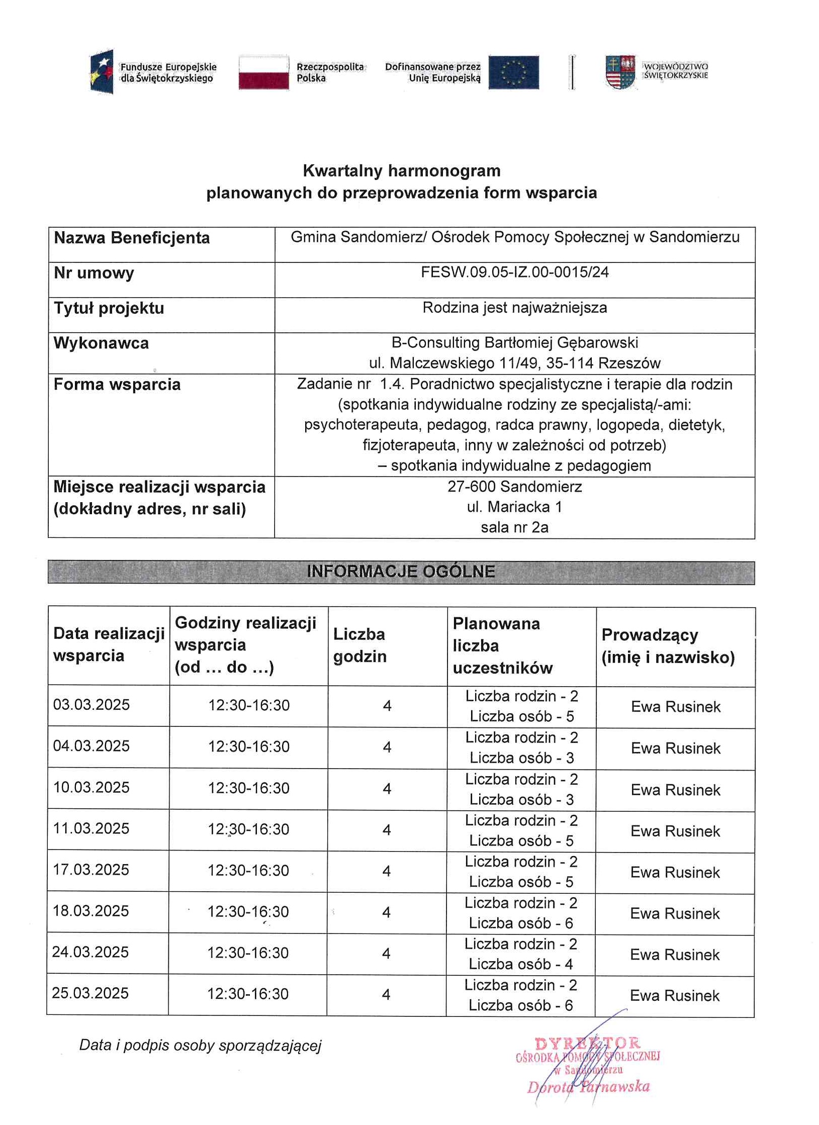 Harmonogram planowanych do przeprowadzenia form wsparcia - Zadanie nr  1.4. Poradnictwo specjalistyczne i&nbsp;terapie dla rodzin (spotkania indywidualne z&nbsp;pedagogiem