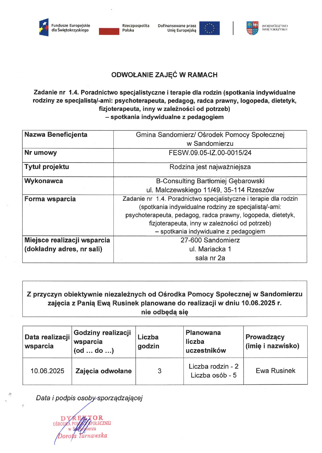 Odwołanie zajęć - zadanie nr 1.4 spotkania indywidualne z&nbsp;pedagogiem  