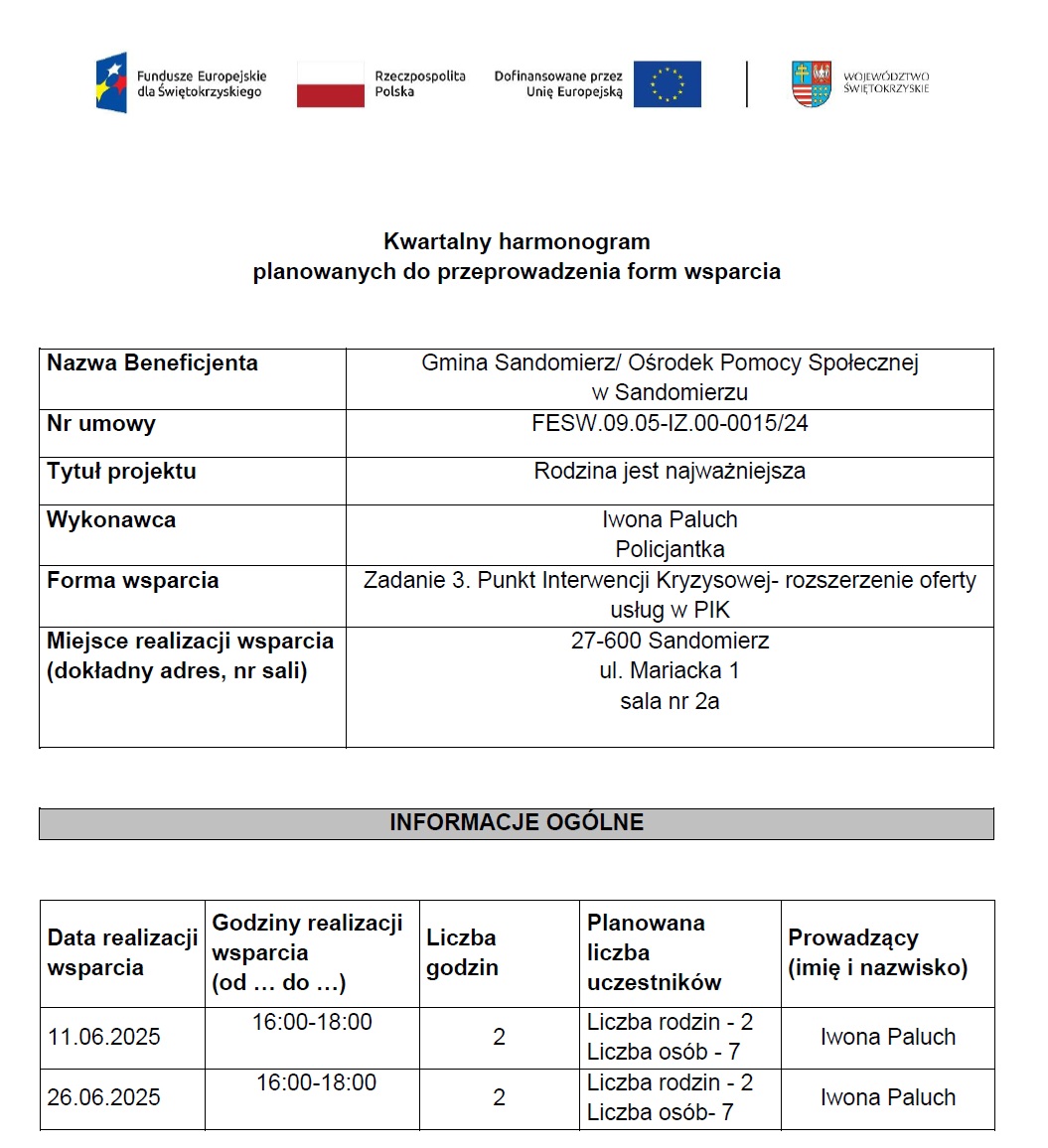 Harmonogram planowanych do przeprowadzenia form wsparcia Zadanie 3 PIK - rozszerzeni oferty w&nbsp;PIK