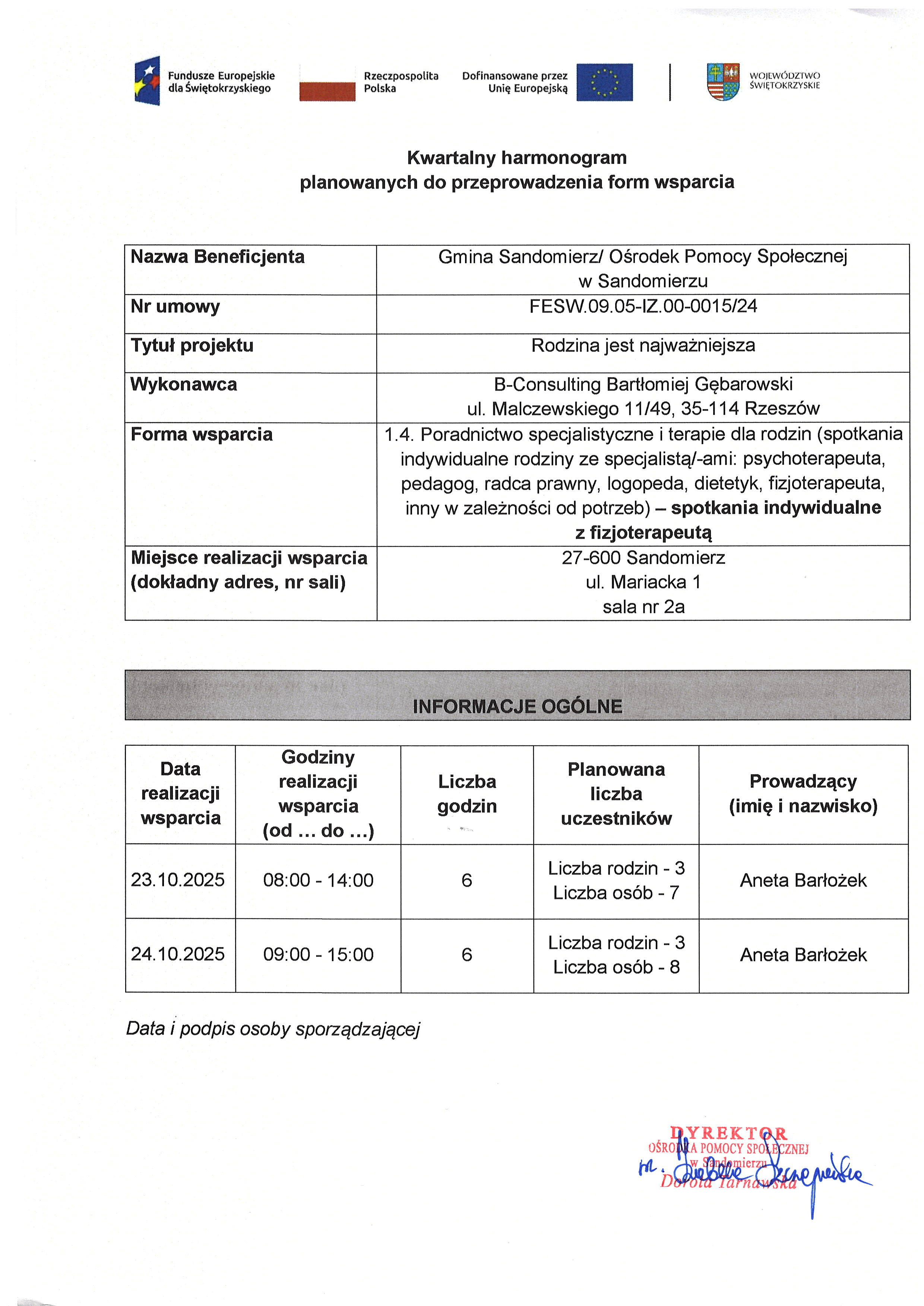 Harmonogram planowanych do przeprowadzenia form wsparcia  FIZJOTERAPEUTA Październik  2025