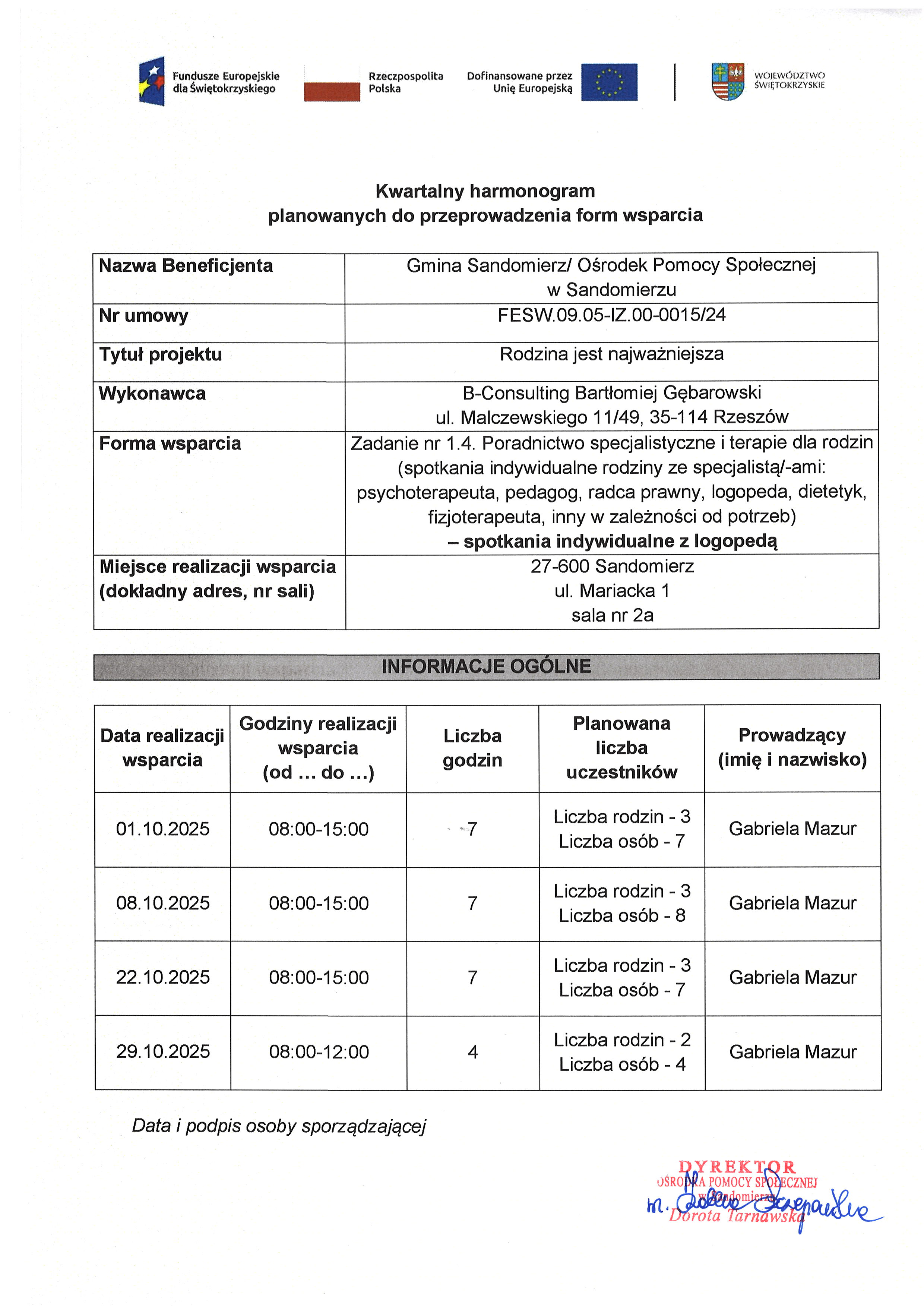 Harmonogram planowanych do przeprowadzenia form wsparcia  Logopeda Październik 2025