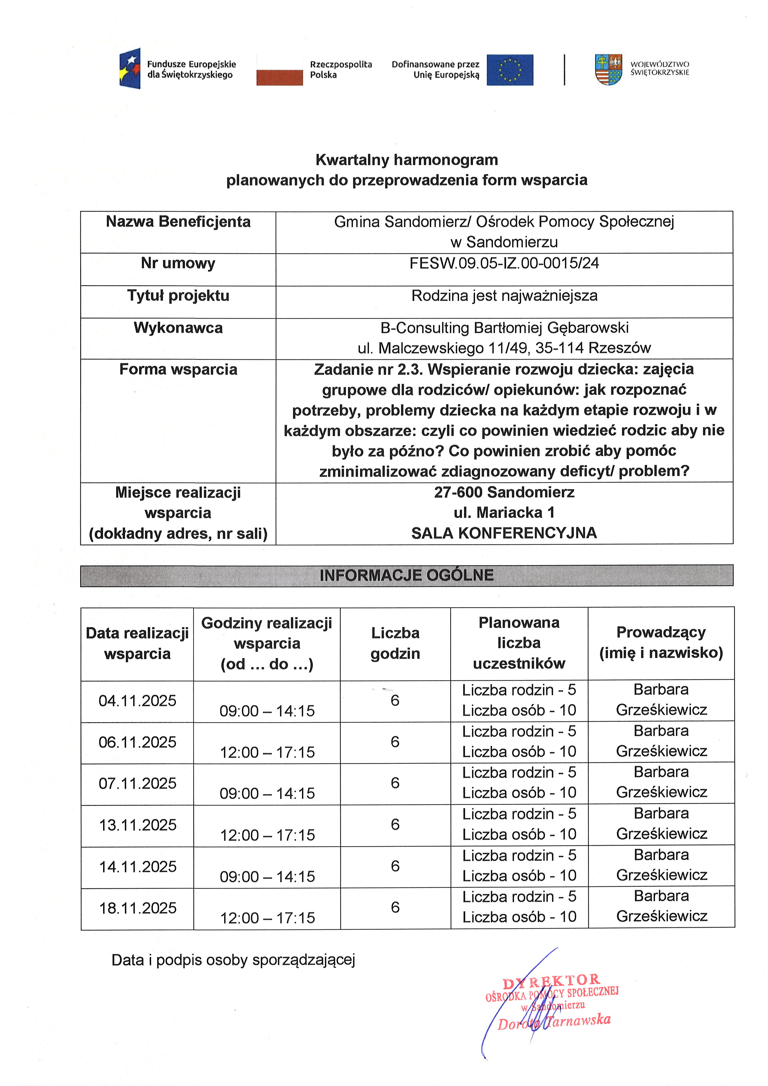 Harmonogram planowanych do przeprowadzenia form wsparcia  WSPIERANIE ROZWOJU DZIECKA. Zajęcia grupowe dla rodzic&oacute;w XI 2025