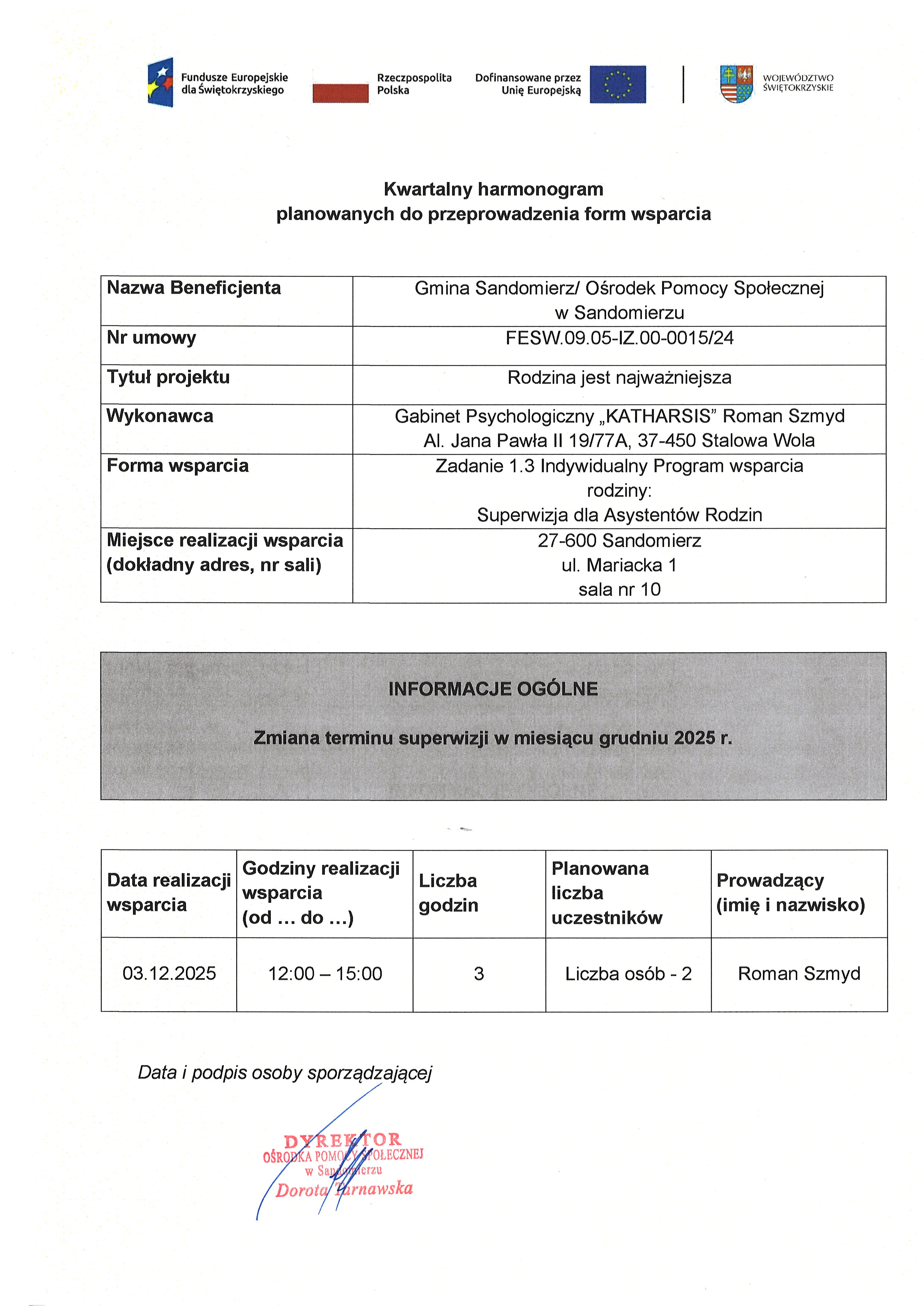 Harmonogram planowanych do przeprowadzenia form wsparcia  zmiana terminu Superwizji asystentek rodzin 3 grudzień 2025