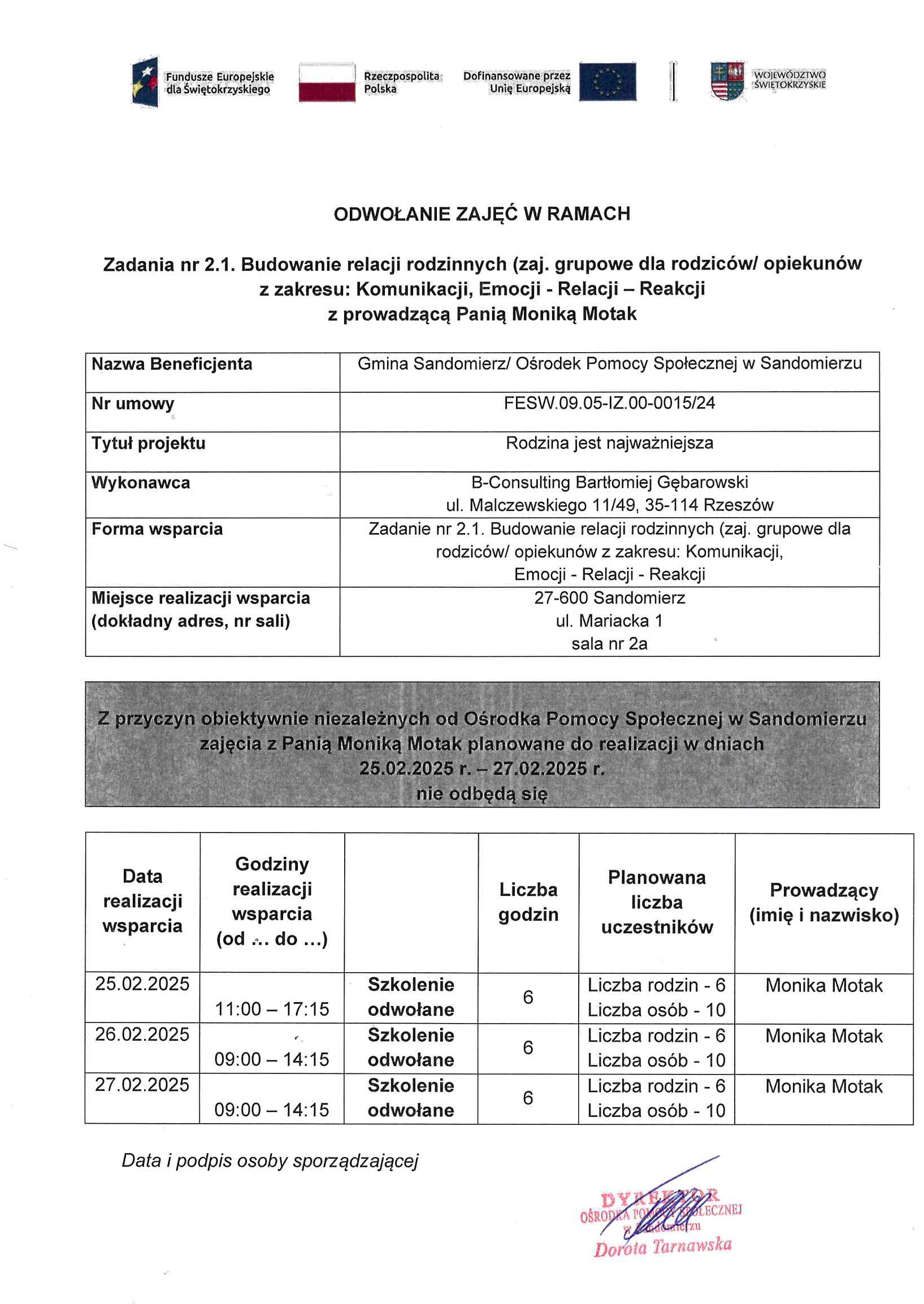 Odwołanie zajęć - zadanie nr 2.1 budowanie relacji rodzinnych LUTY 2025