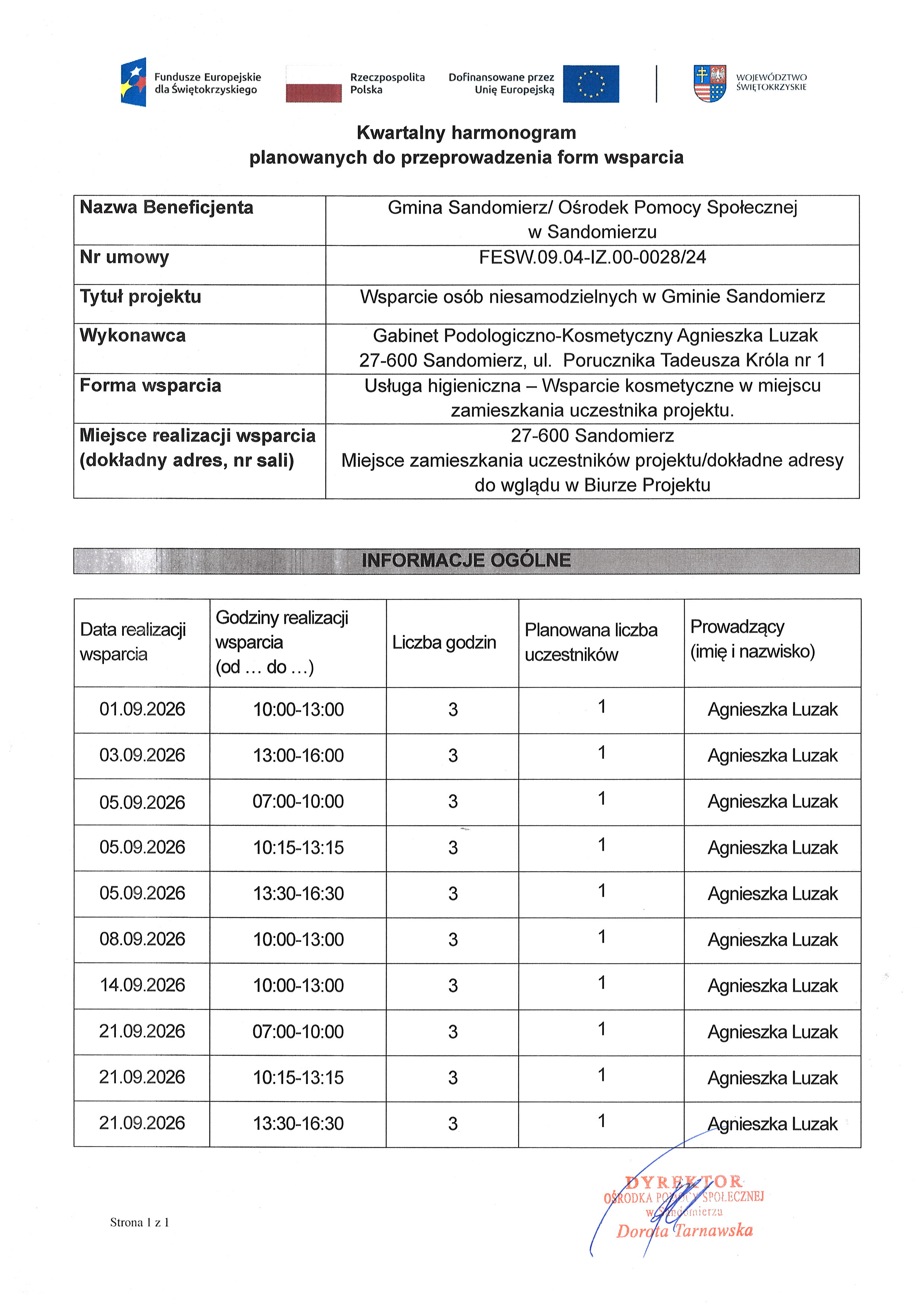 Kwartalny harmonogram planowanych do przeprowadzenia form wsparcia - Usługa higieniczna - Wsparcie kosmetyczne w&nbsp;miejscu zamieszkania uczestnika projektu.