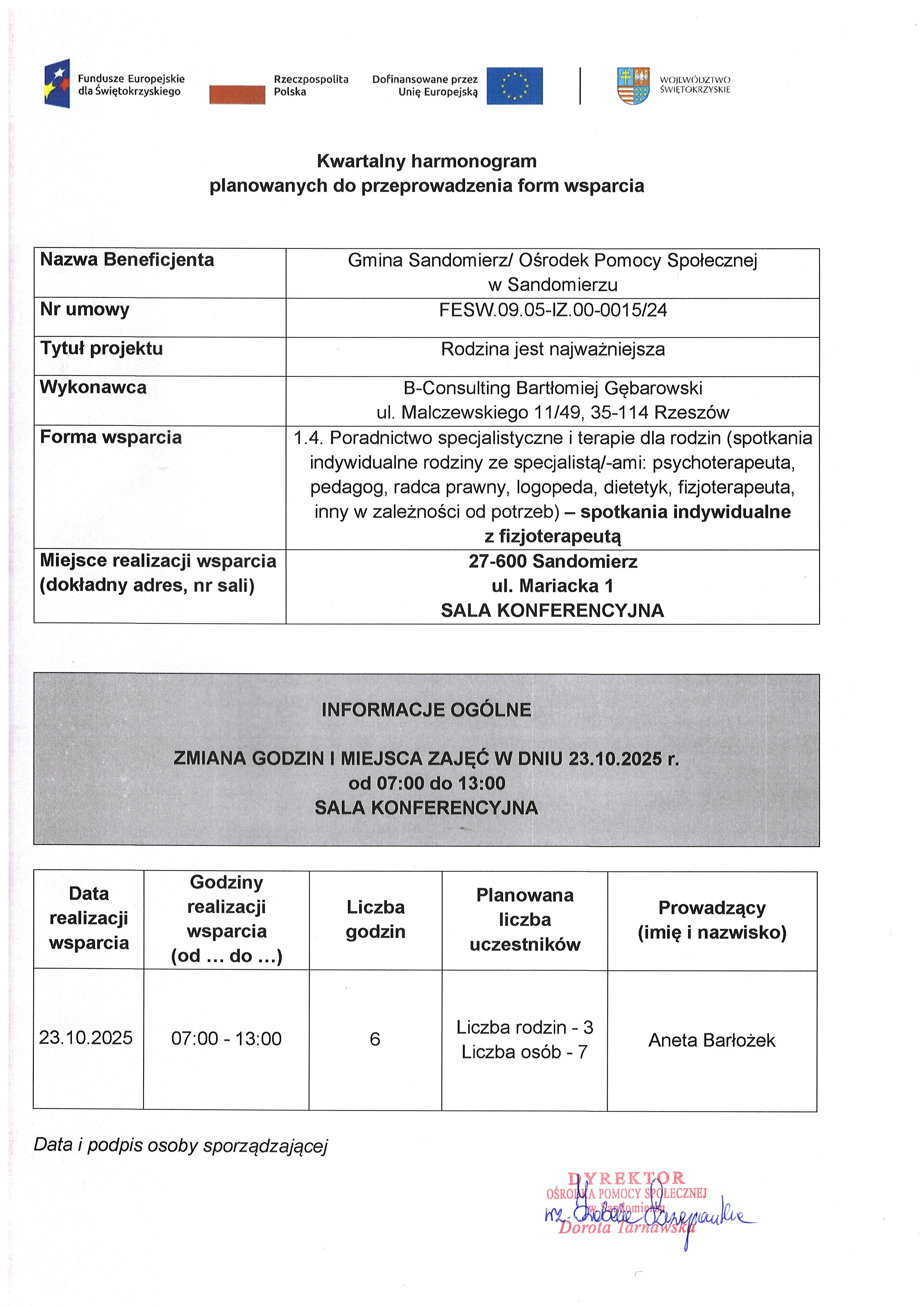 Zmiana harmonogramu planowanych do przeprowadzenia form wsparcia  FIZJOTERAPEUTA 23 X  2025