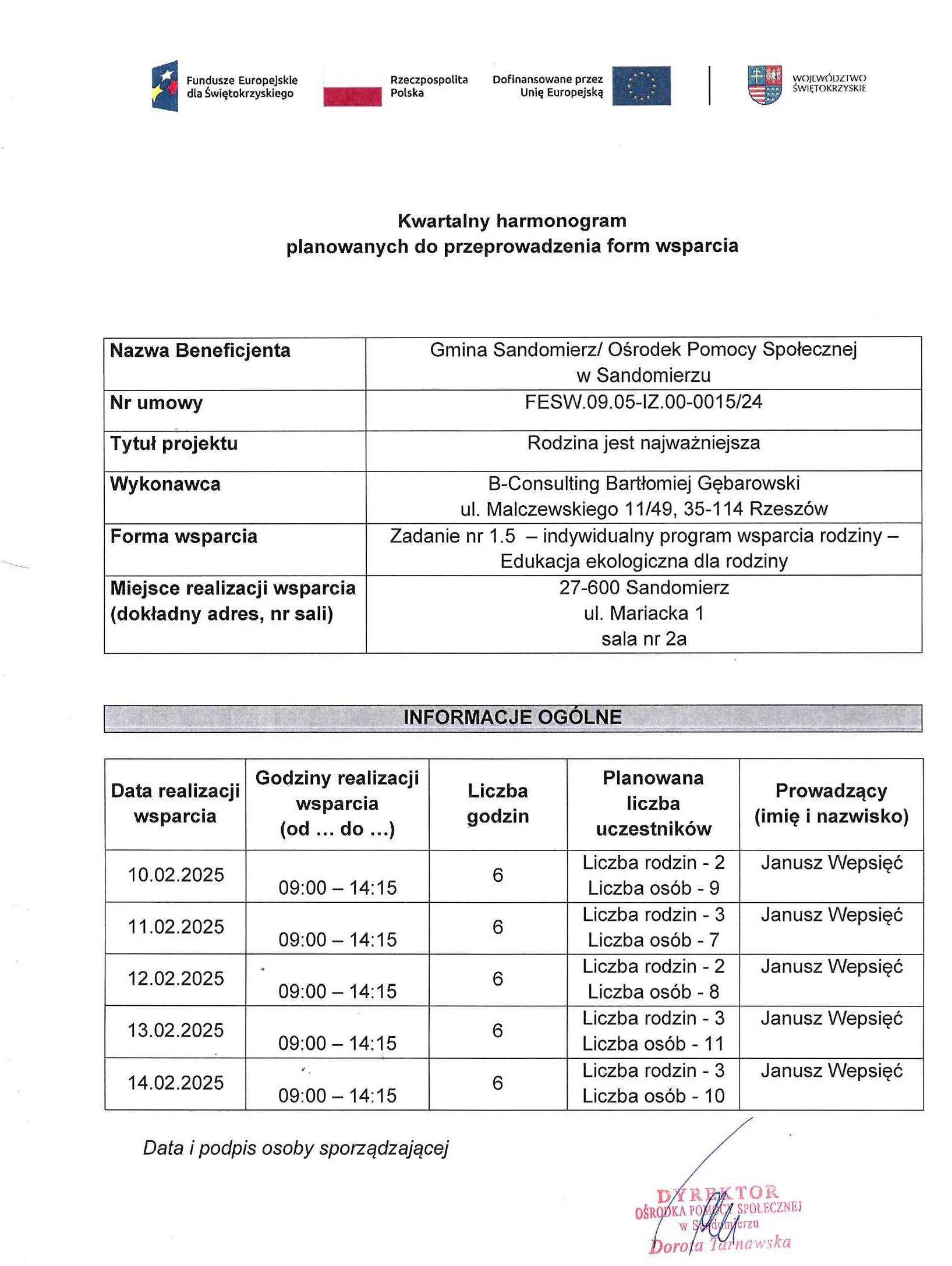 harmonogram planowanych do przeprowadzenia form wsparcia - zadanie nr 1.5 (EDUKACJA EKOLOGICZNA DLA RODZINY)