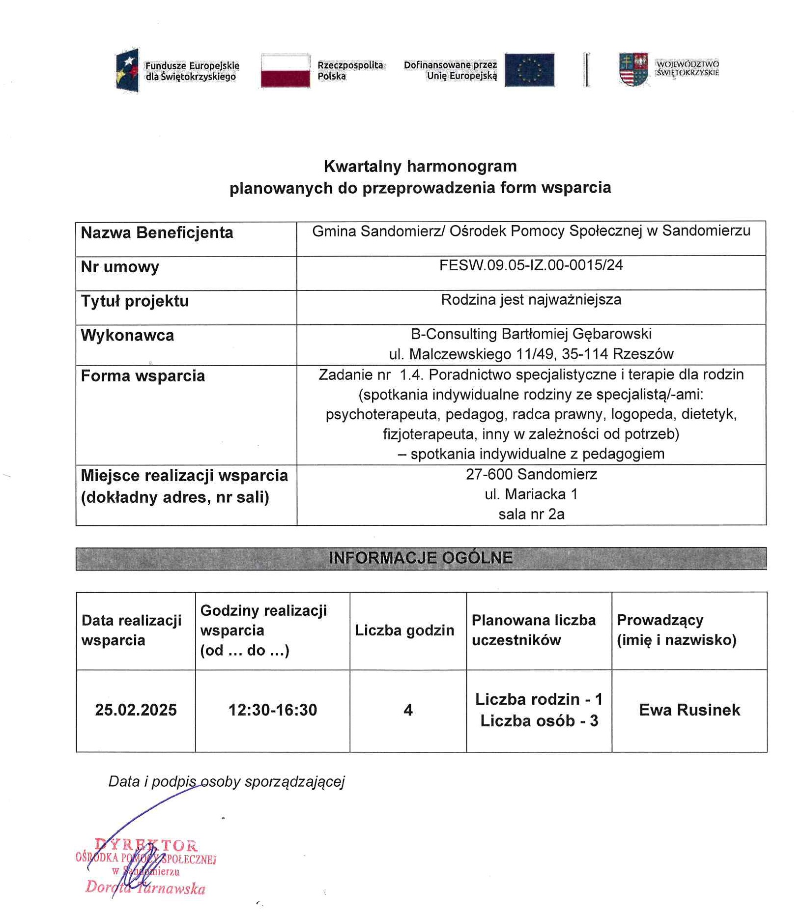 harmonogram planowanych do przeprowadzenia form wsparcia - zadanie nr 1.4 pedagog &nbsp;