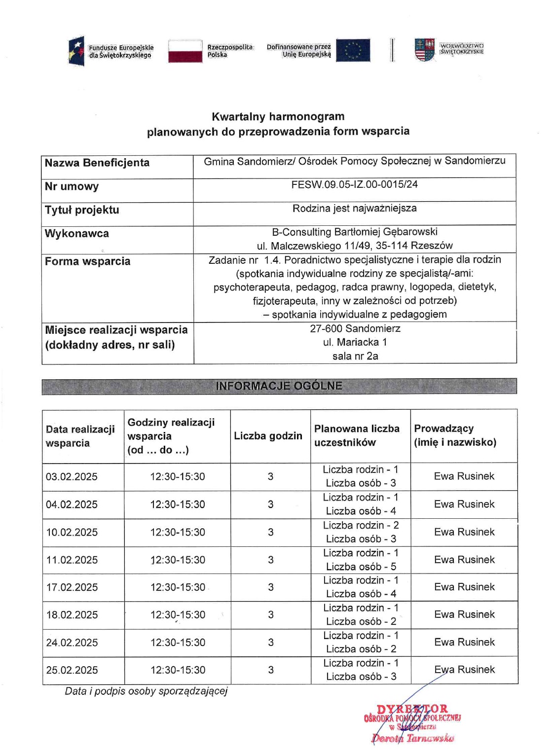 harmonogram planowanych do przeprowadzenia form wsparcia - zadanie nr 1.4 pedagog II.2025
