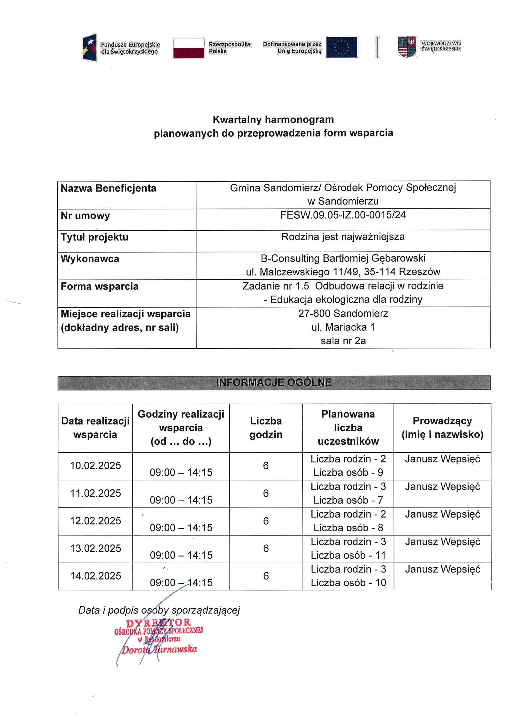 harmonogram planowanych do przeprowadzenia form wsparcia - zadanie nr 1.5 edukacja ekologiczna