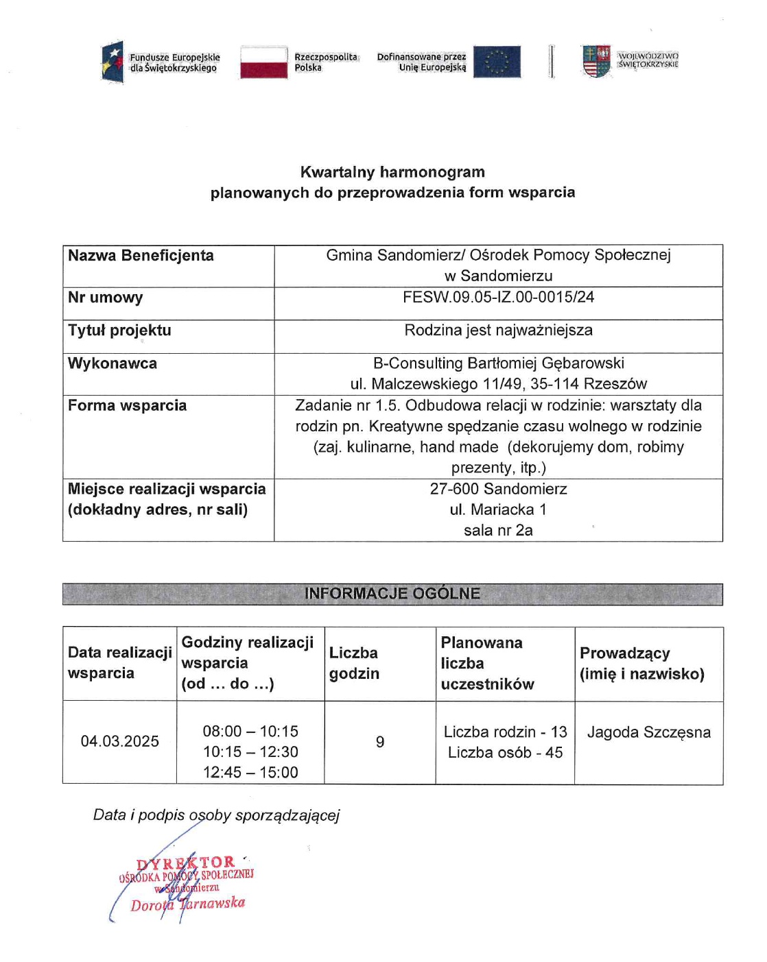 harmonogram planowanych do przeprowadzenia form wsparcia - zadanie nr 1.5 kreatywne spędzanie czasu wolnego