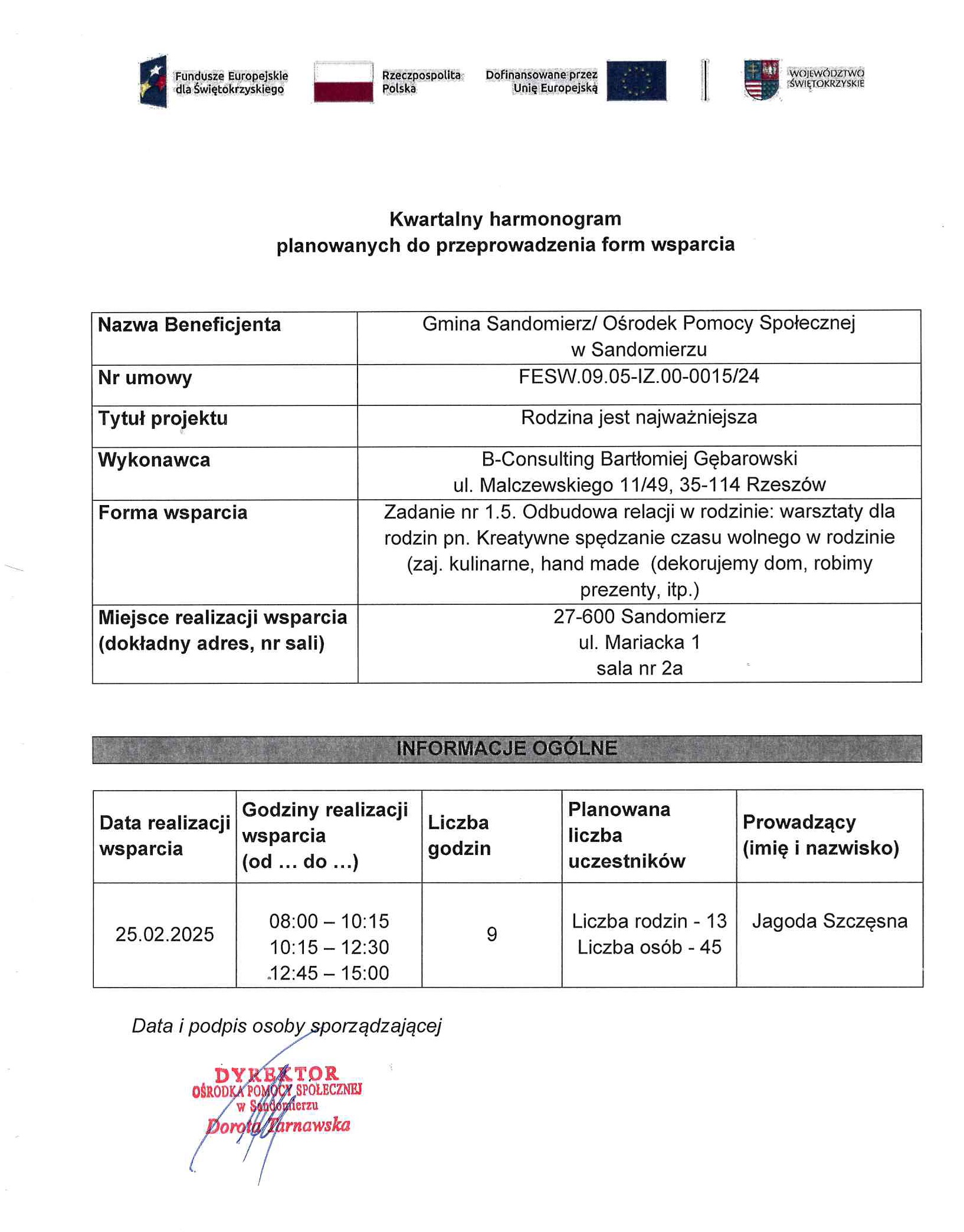 harmonogram planowanych do przeprowadzenia form wsparcia - zadanie nr 1.5 kreatywne spędzanie czasu wolnego