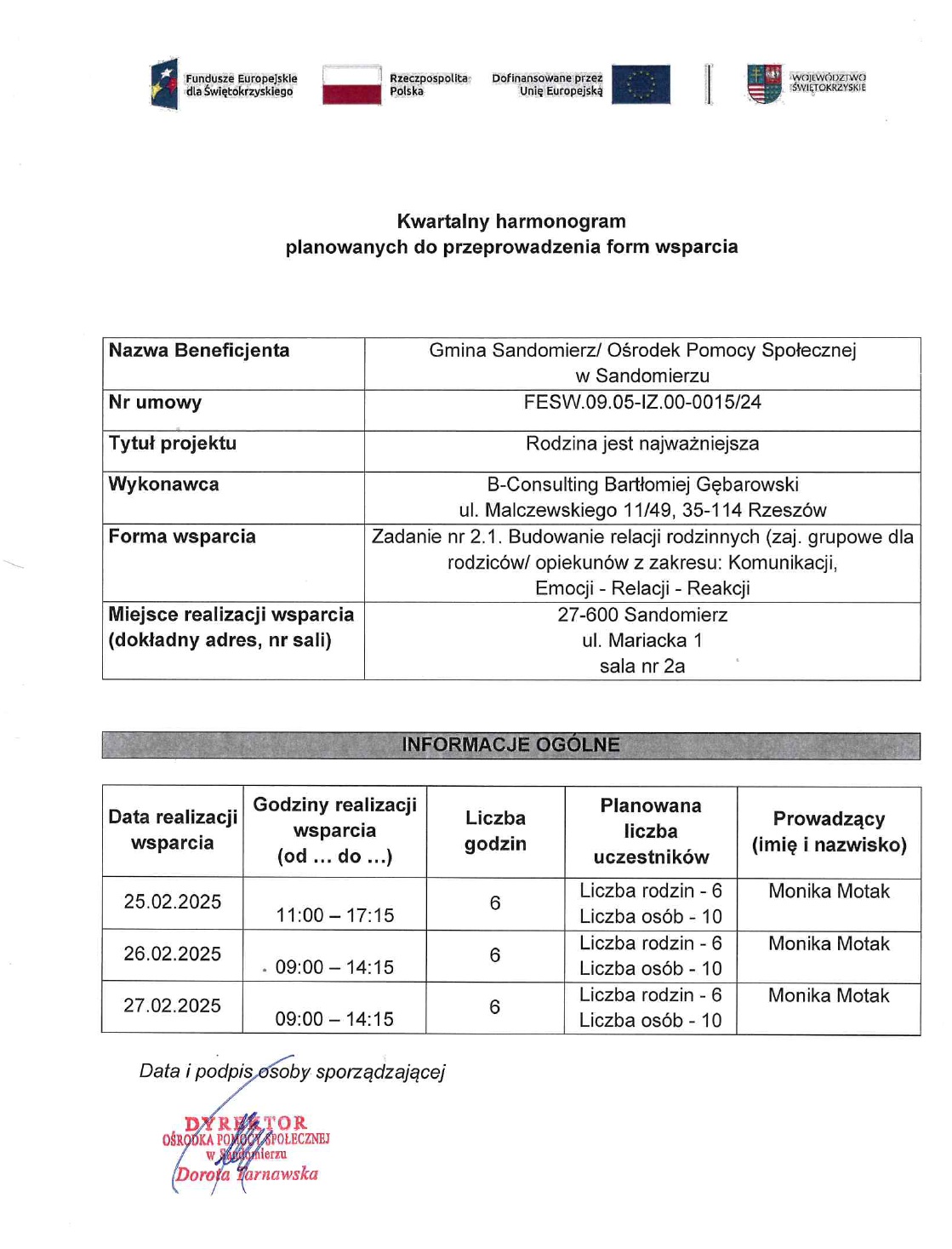 harmonogram planowanych do przeprowadzenia form wsparcia - zadanie nr 2.1 budowanie relacji rodzinnych