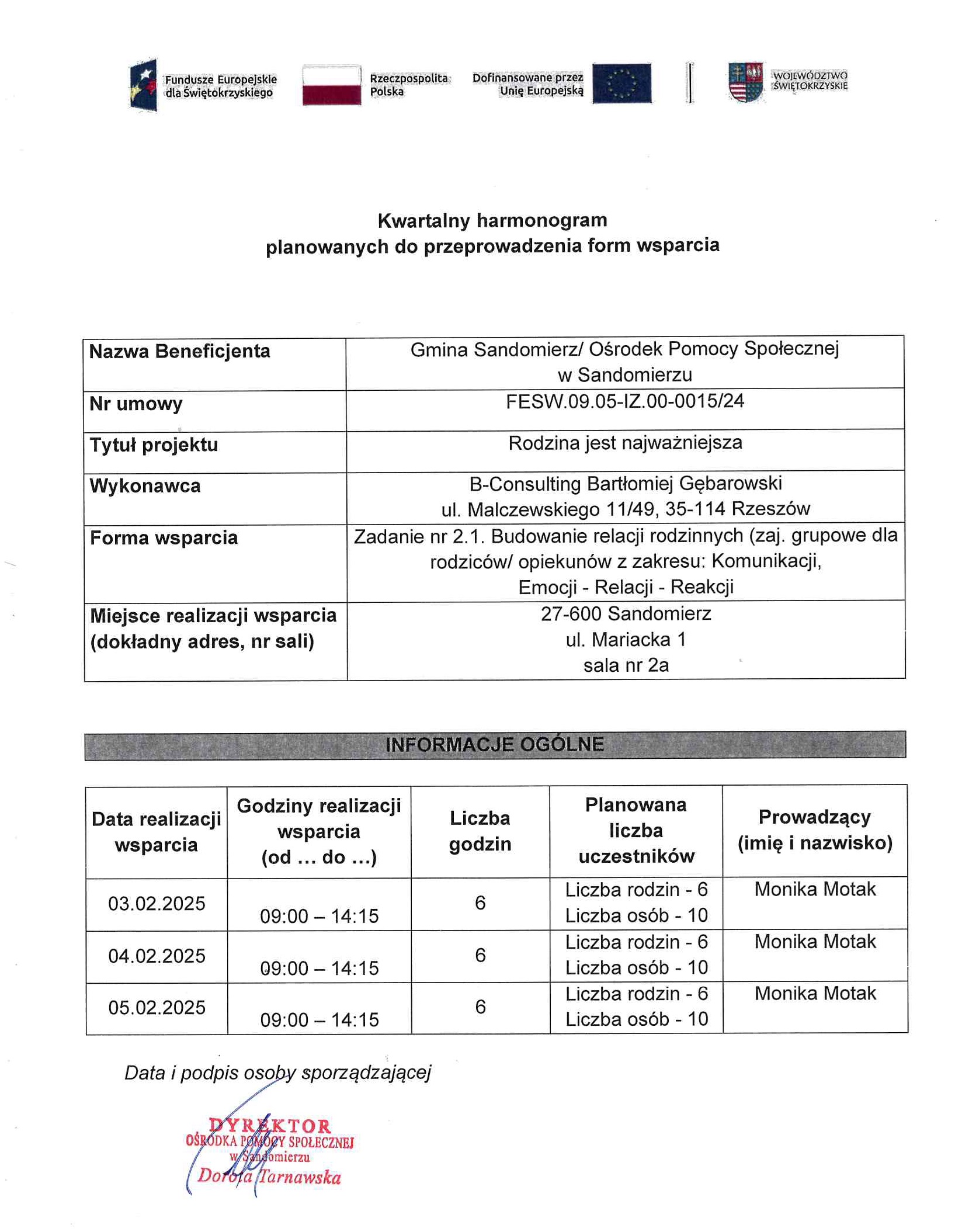 harmonogram planowanych do przeprowadzenia form wsparcia - zadanie nr 2.1 budowanie relacji rodzinnych