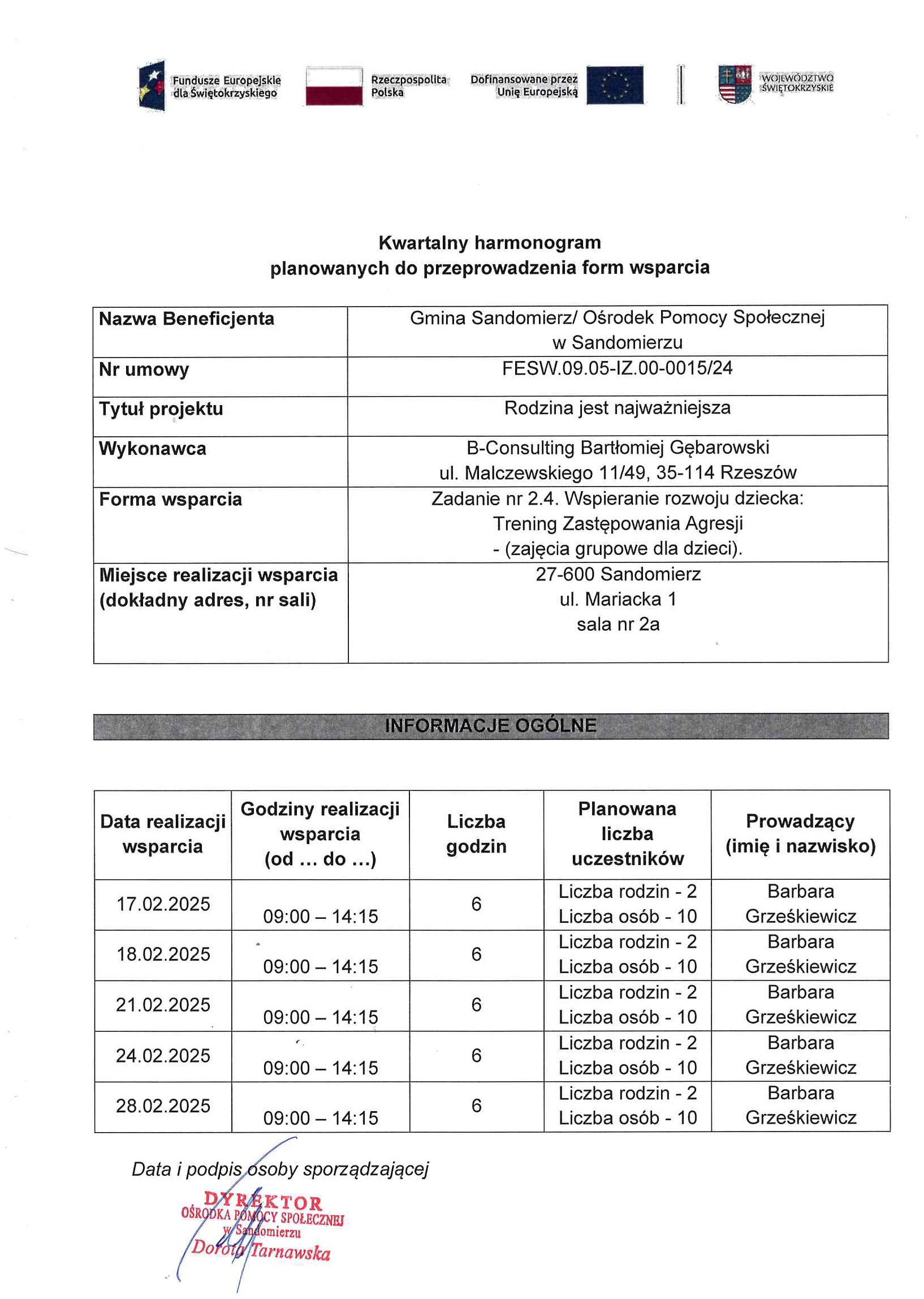 harmonogram planowanych do przeprowadzenia form wsparcia - zadanie nr 2.4 trening zastępowania agresji