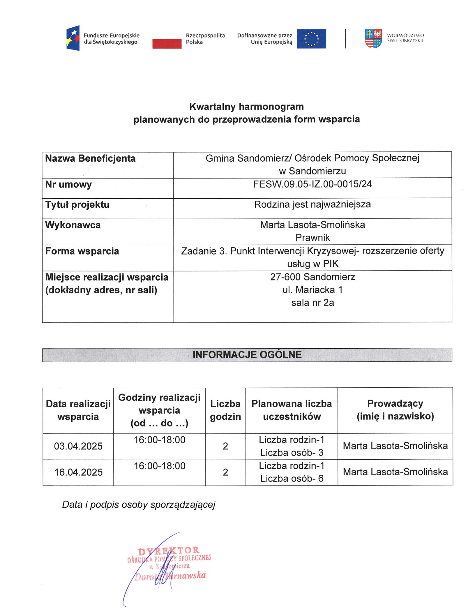 harmonogram planowanych do przeprowadzenia form wsparcia - zadanie nr 3 PIK