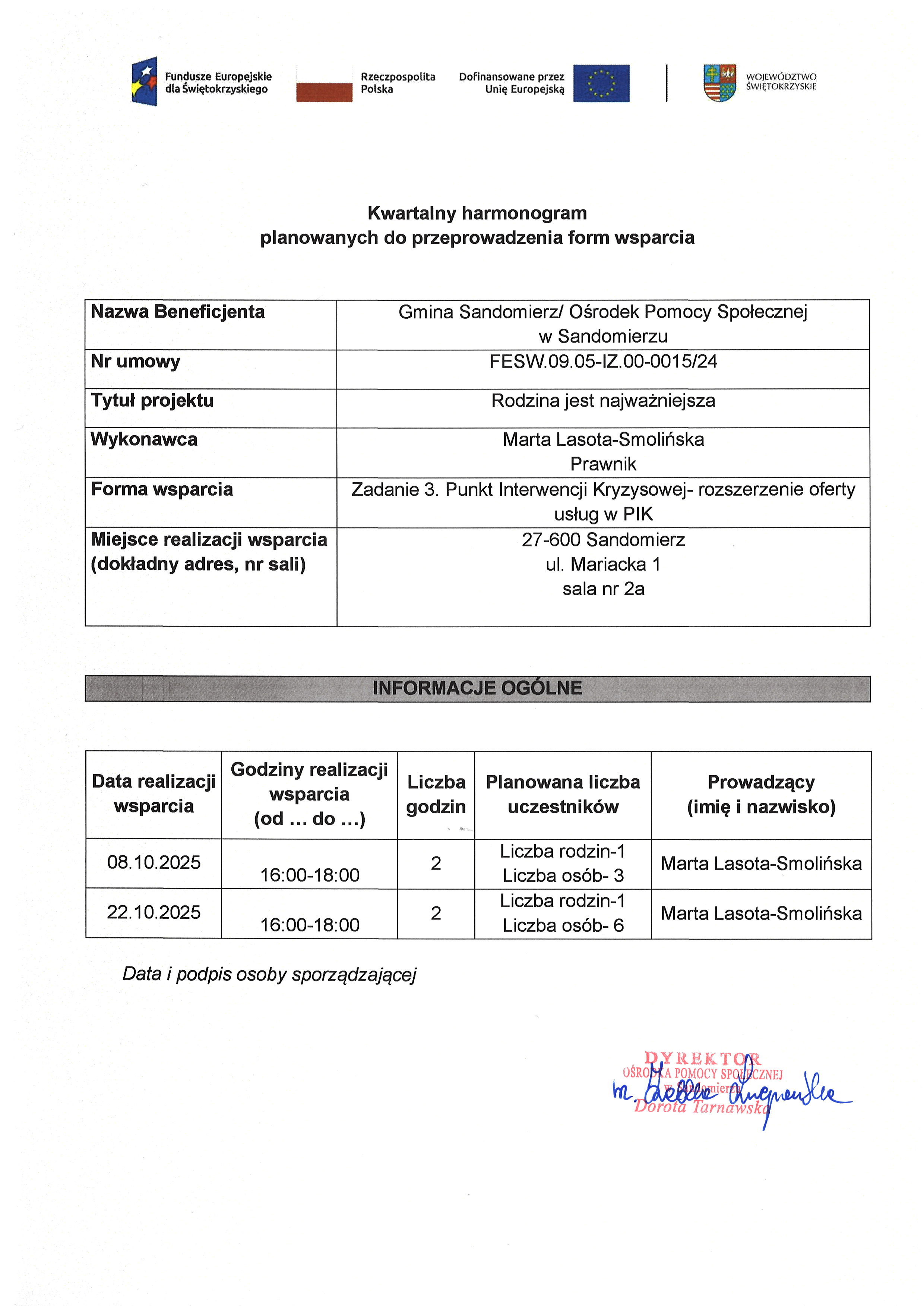 harmonogram planowanych do przeprowadzenia form wsparcia Radca Lasota X 2025