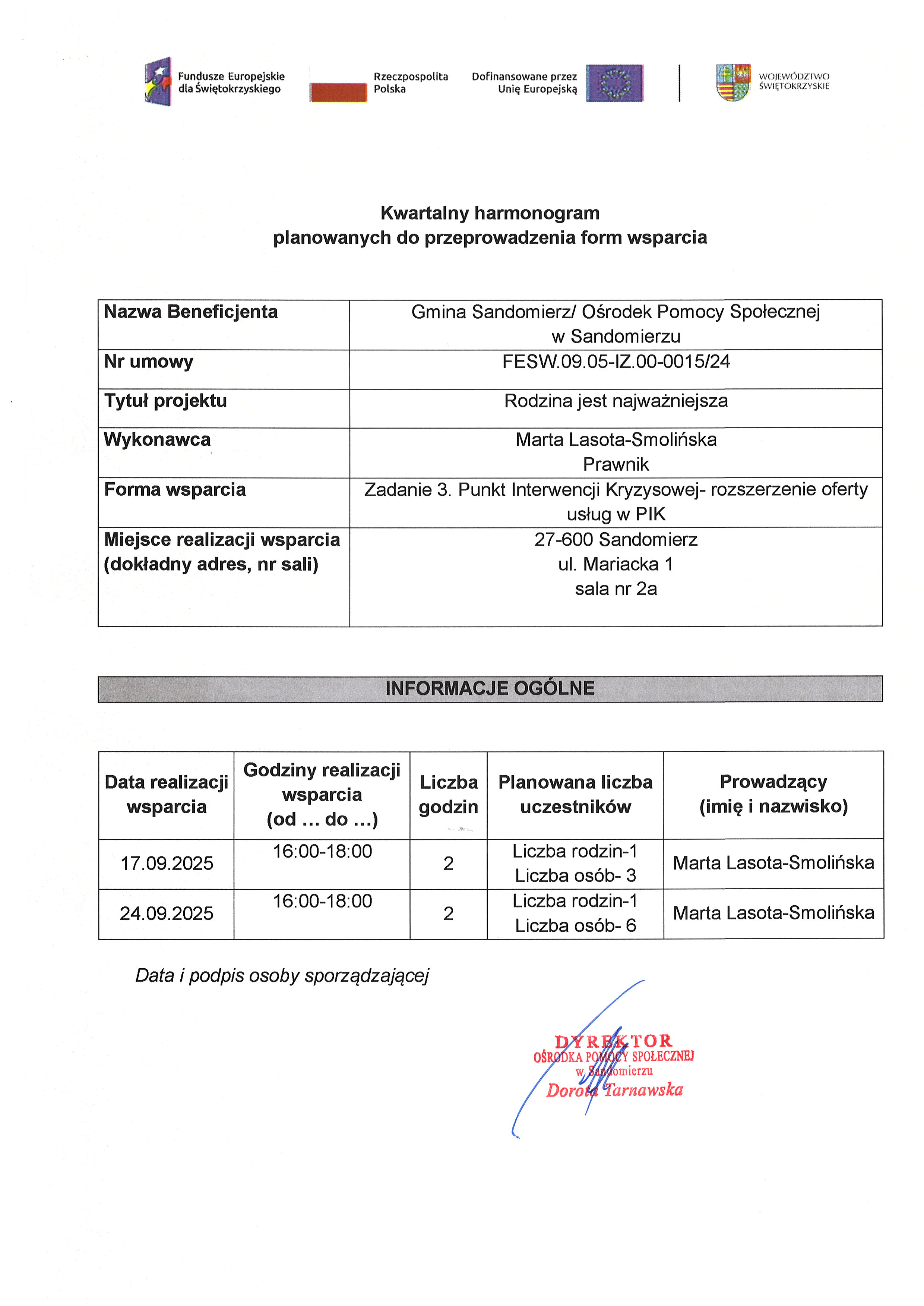 Harmonogram planowanych do przeprowadzenia form wsparciaHarmonogram planowanych do przeprowadzenia form wsparcia Radca prawny Lasota IX 2025