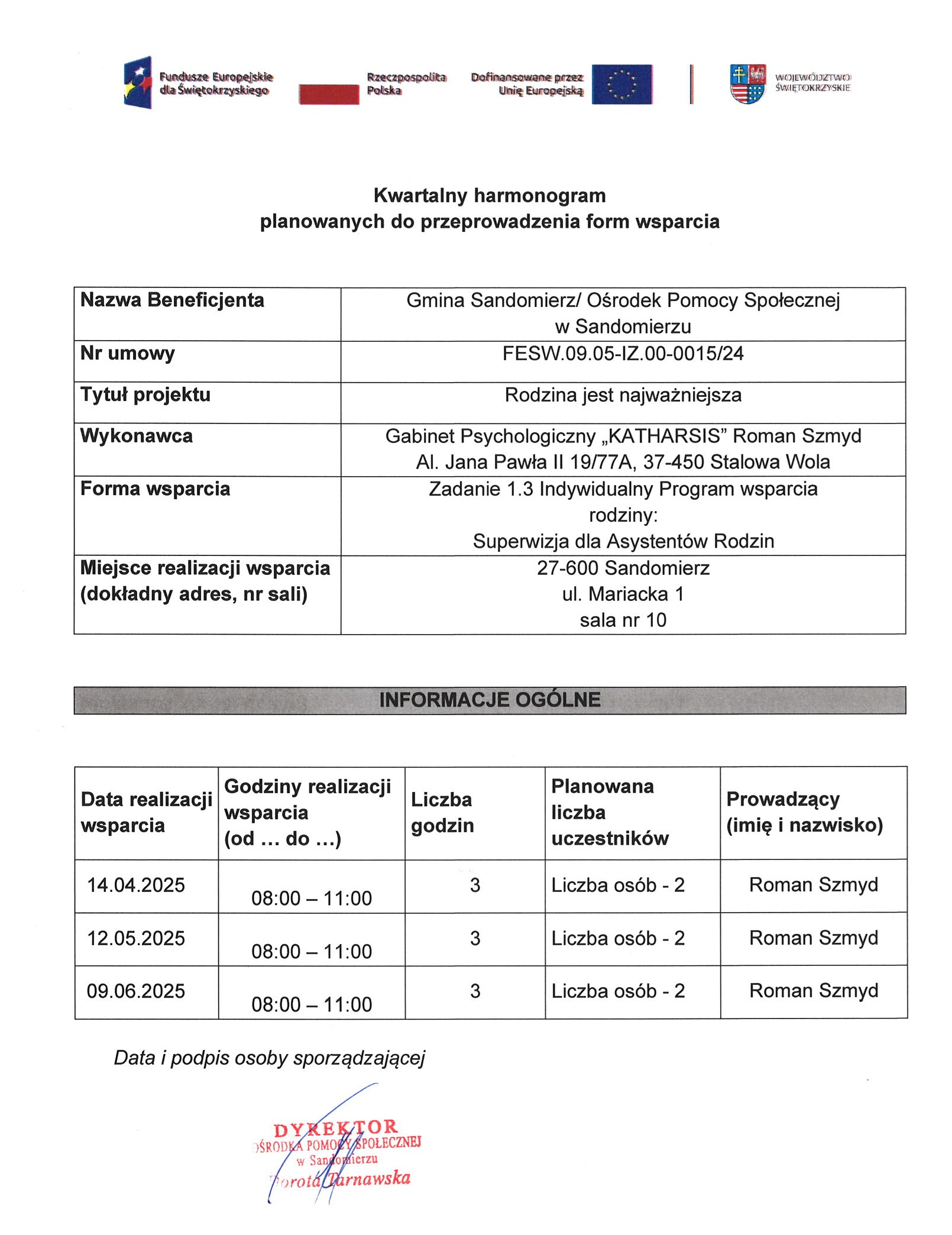 harmonogram planowanych do przeprowadzenia form wsparcia Zadanie nr 1.3 Superwizja dla Asystent&oacute;w Rodzin  II Kwartał  2025