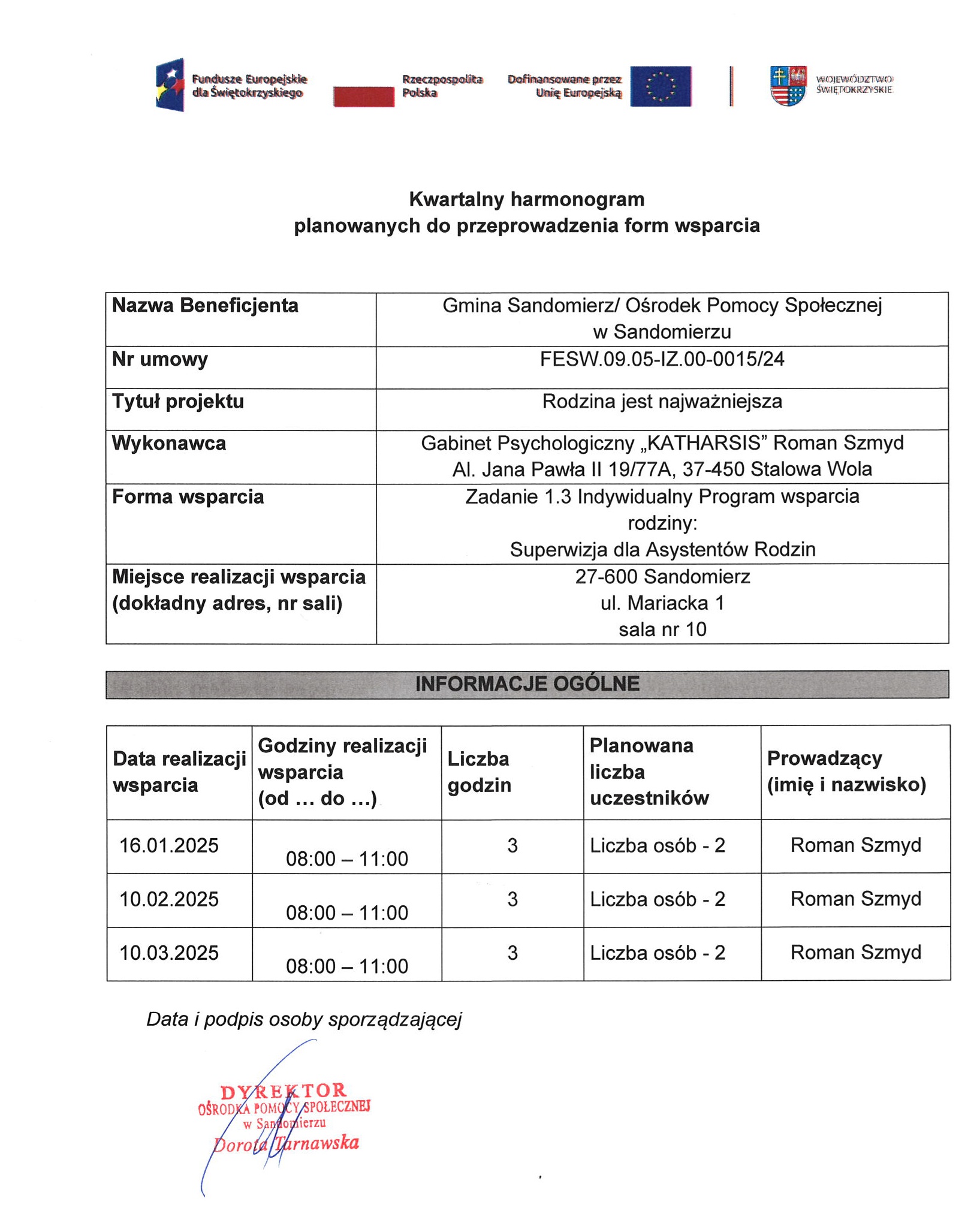 harmonogram planowanych do przeprowadzenia form wsparcia Zadanie nr 1.3 Superwizja dla Asystent&oacute;w Rodzin  II Kwartał  2025