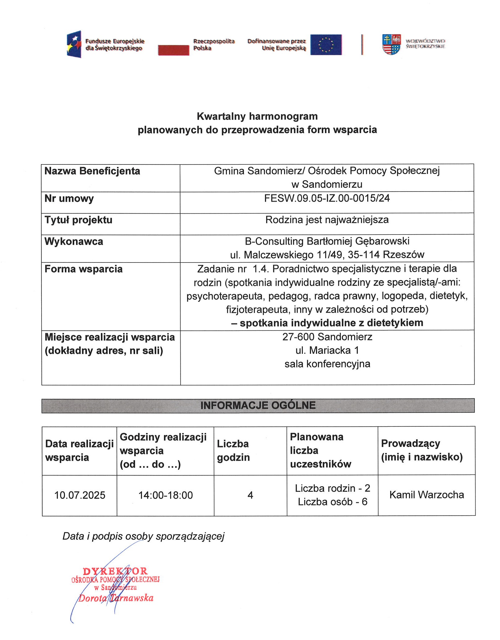 harmonogram planowanych do przeprowadzenia form wsparcia Zadanie nr 1.4 Dietetyk lipiec 2025