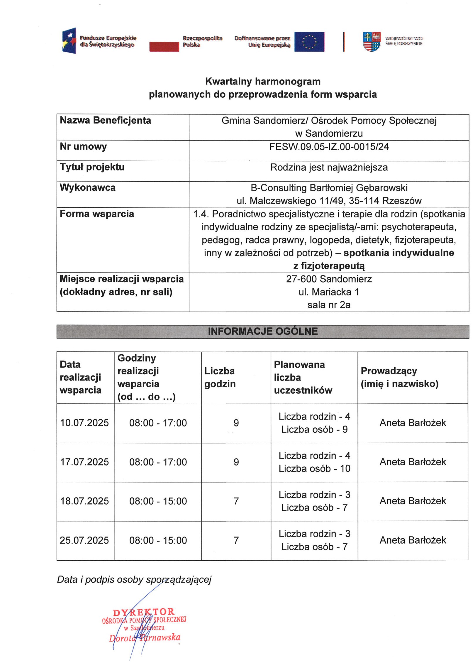 harmonogram planowanych do przeprowadzenia form wsparcia Zadanie nr 1.4 Fizjoterapeuta  lipiec 2025