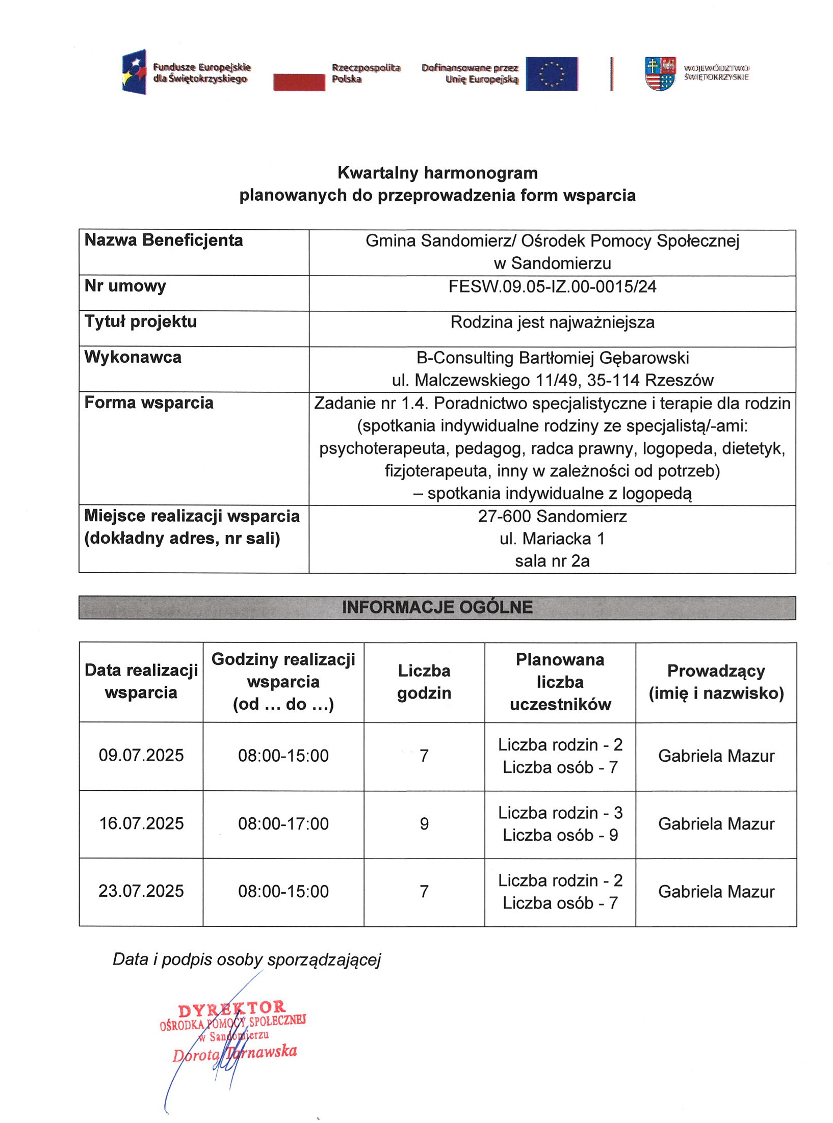 harmonogram planowanych do przeprowadzenia form wsparcia Zadanie nr 1.4 Logopeda lipiec 2025