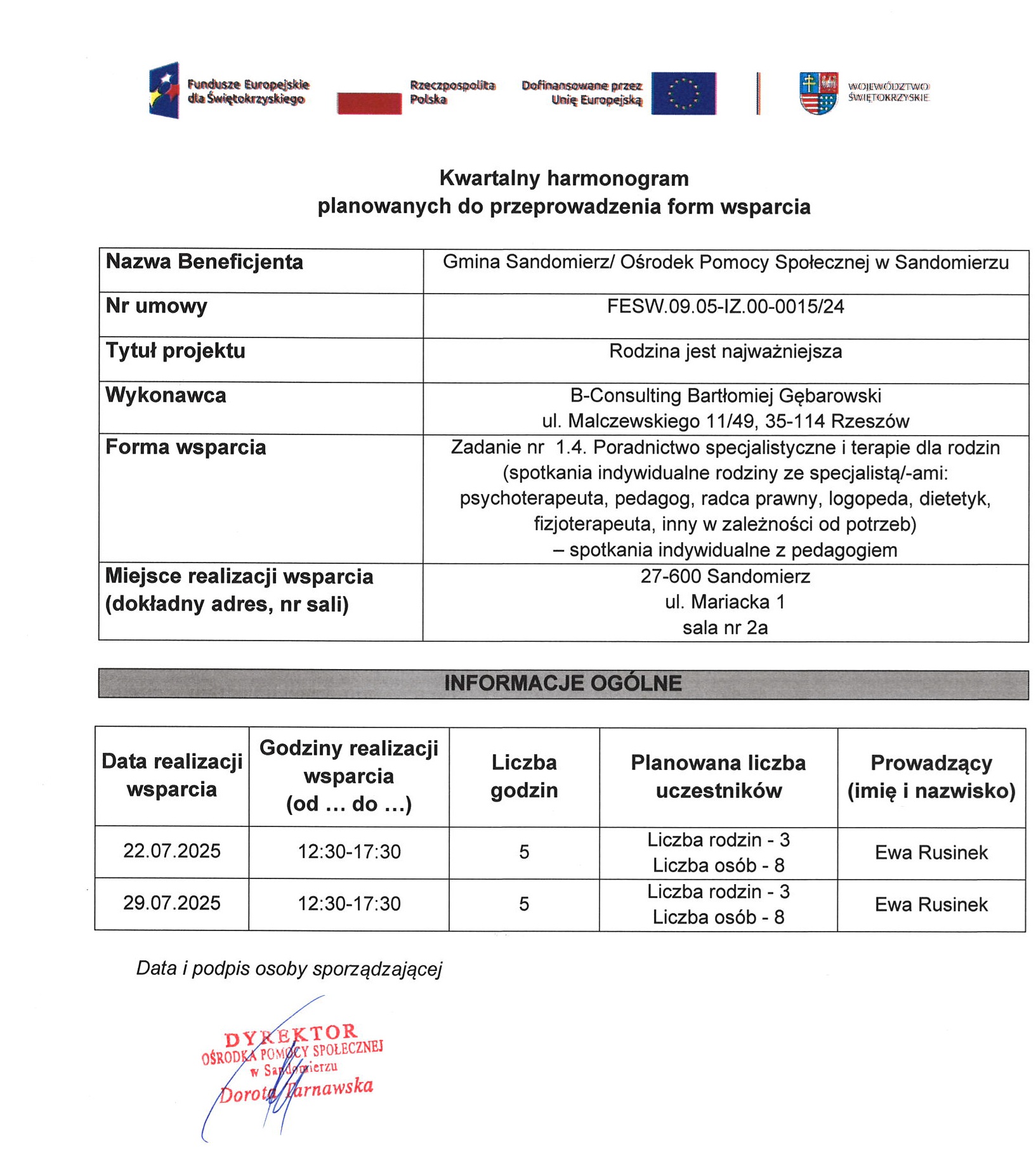 harmonogram planowanych do przeprowadzenia form wsparcia Zadanie nr 1.4 Pedagog lipiec 2025