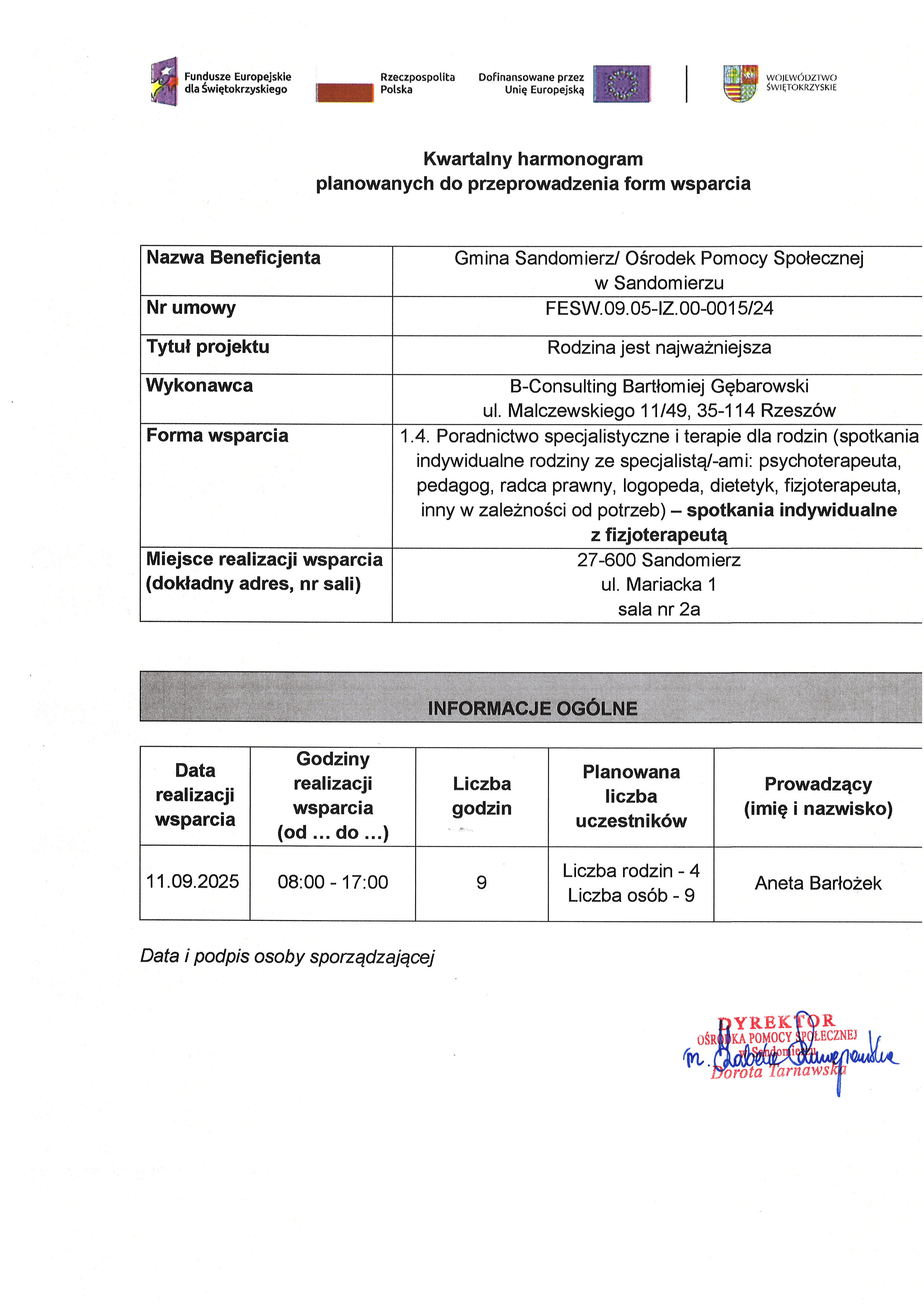 harmonogram planowanych do przeprowadzenia form wsparcia  Fizjoterapeuta IX 2025