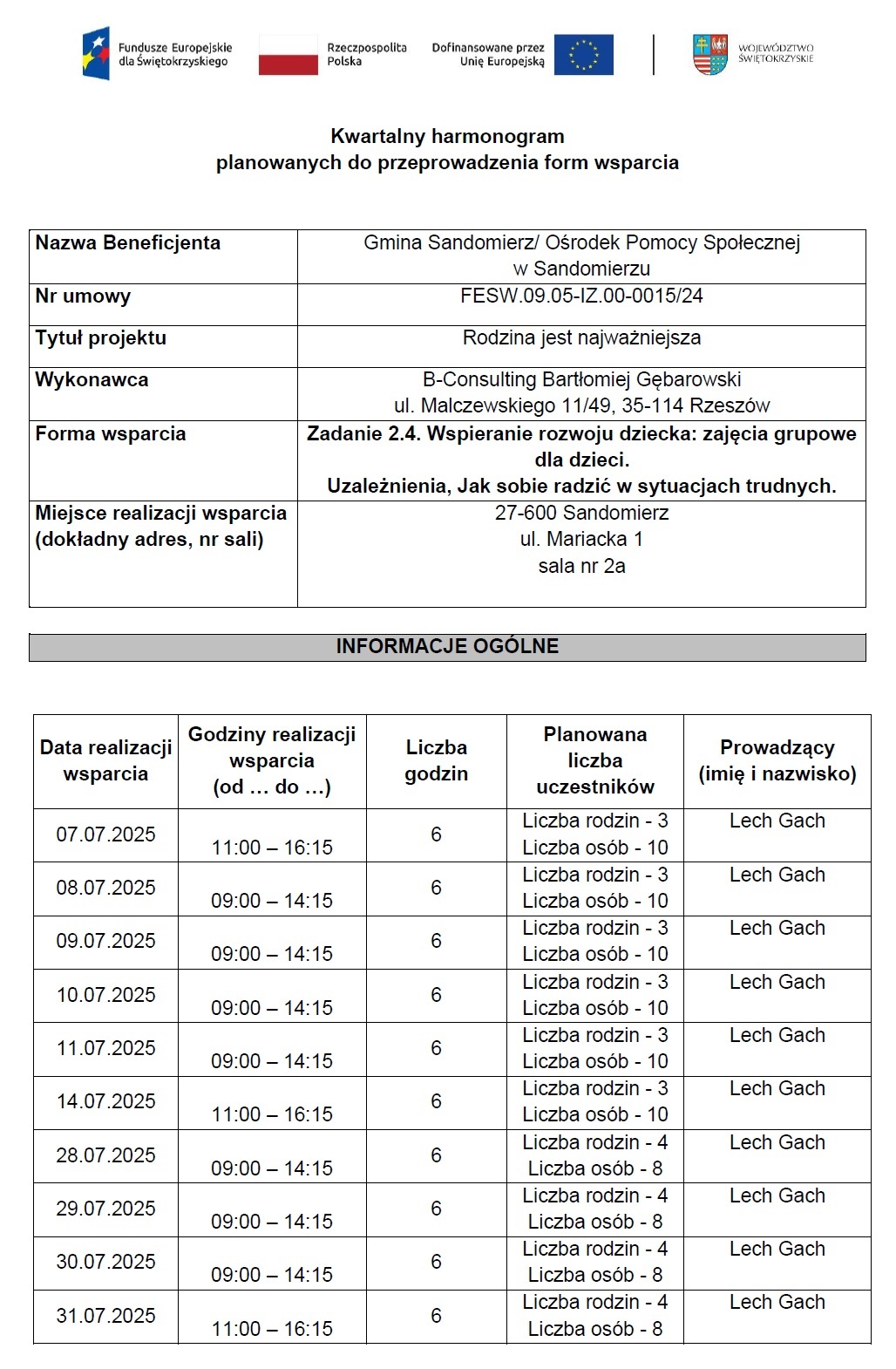harmonogram planowanych do przeprowadzenia form wsparcia  Gach 07.2025
