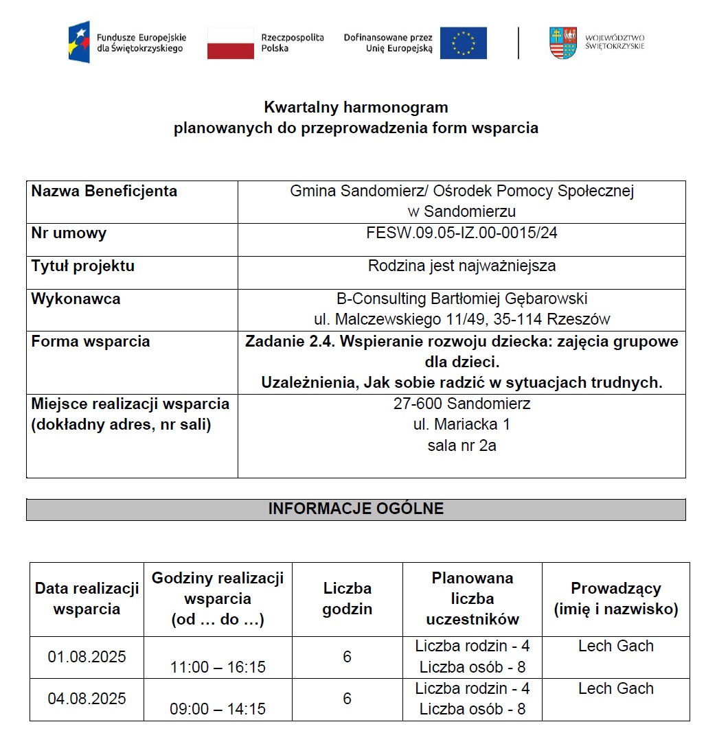 harmonogram planowanych do przeprowadzenia form wsparcia  Gach 08.2025