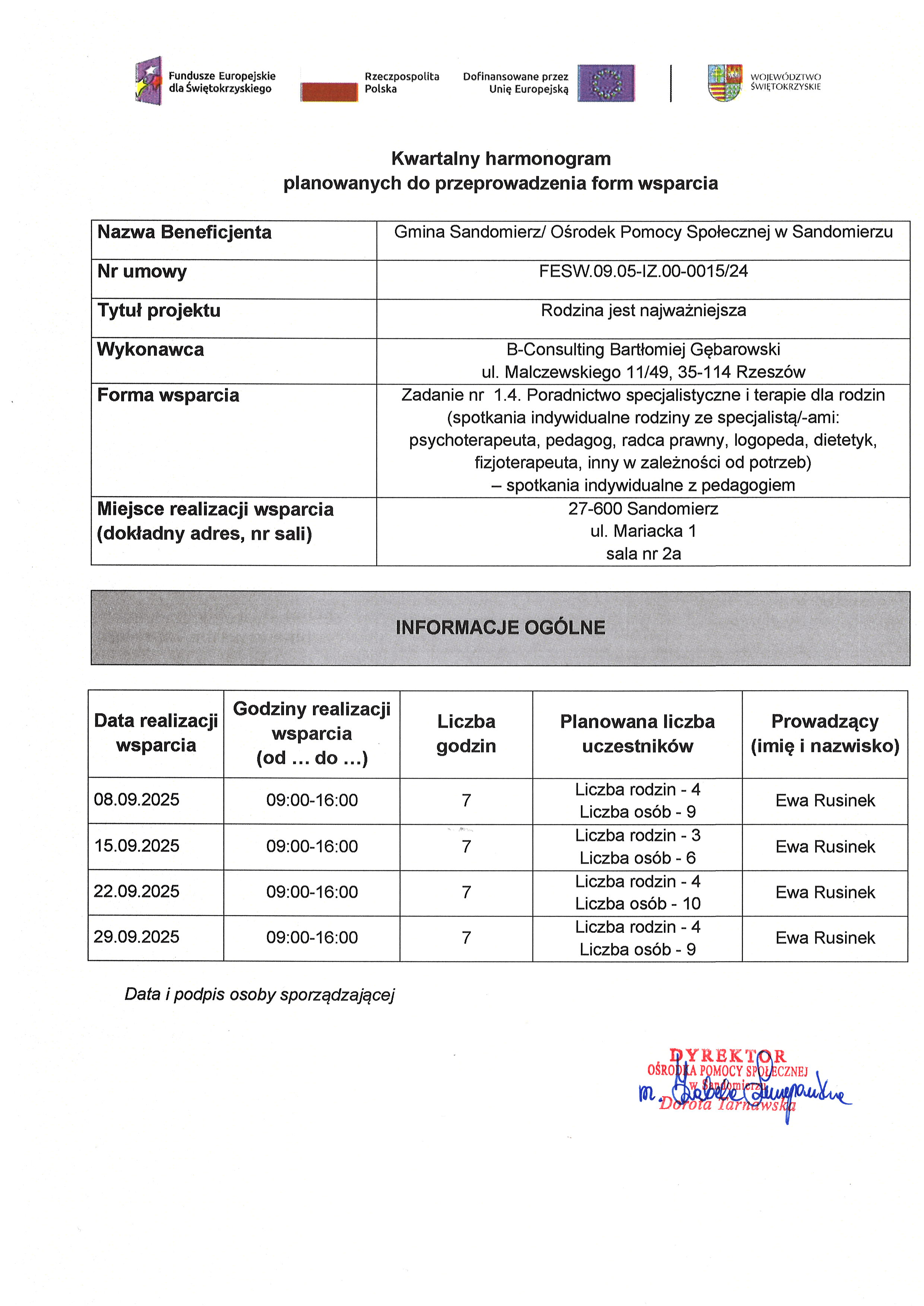 harmonogram planowanych do przeprowadzenia form wsparcia  Pedagog IX 2025 r
