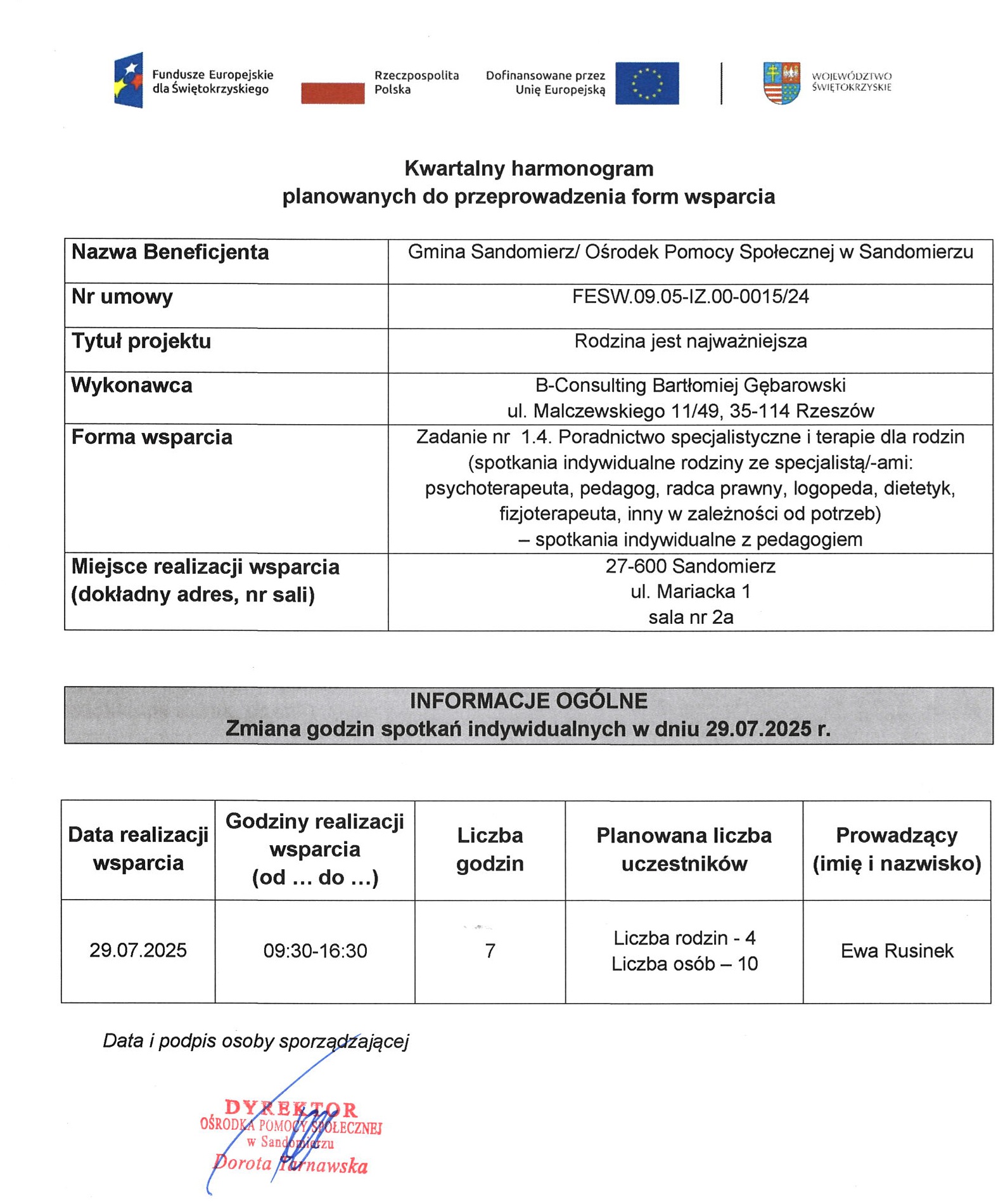harmonogram planowanych do przeprowadzenia form wsparcia  Pedagog VII 2025 r. - zmiana godzin spotkań indywidualnych