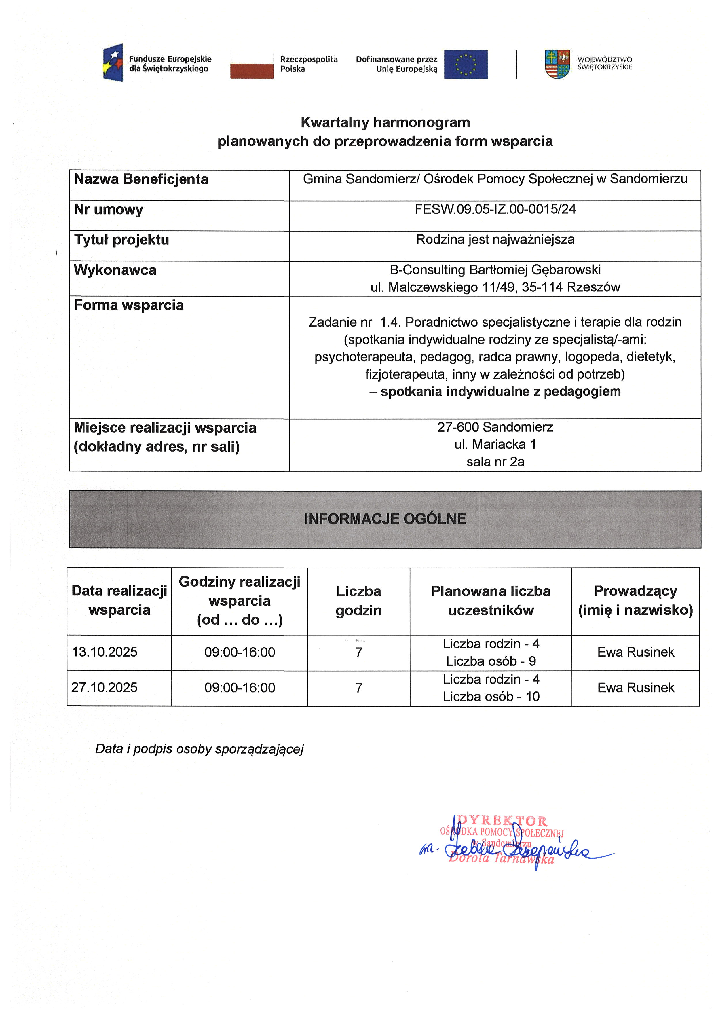 harmonogram planowanych do przeprowadzenia form wsparcia  Pedagog X 2025 r