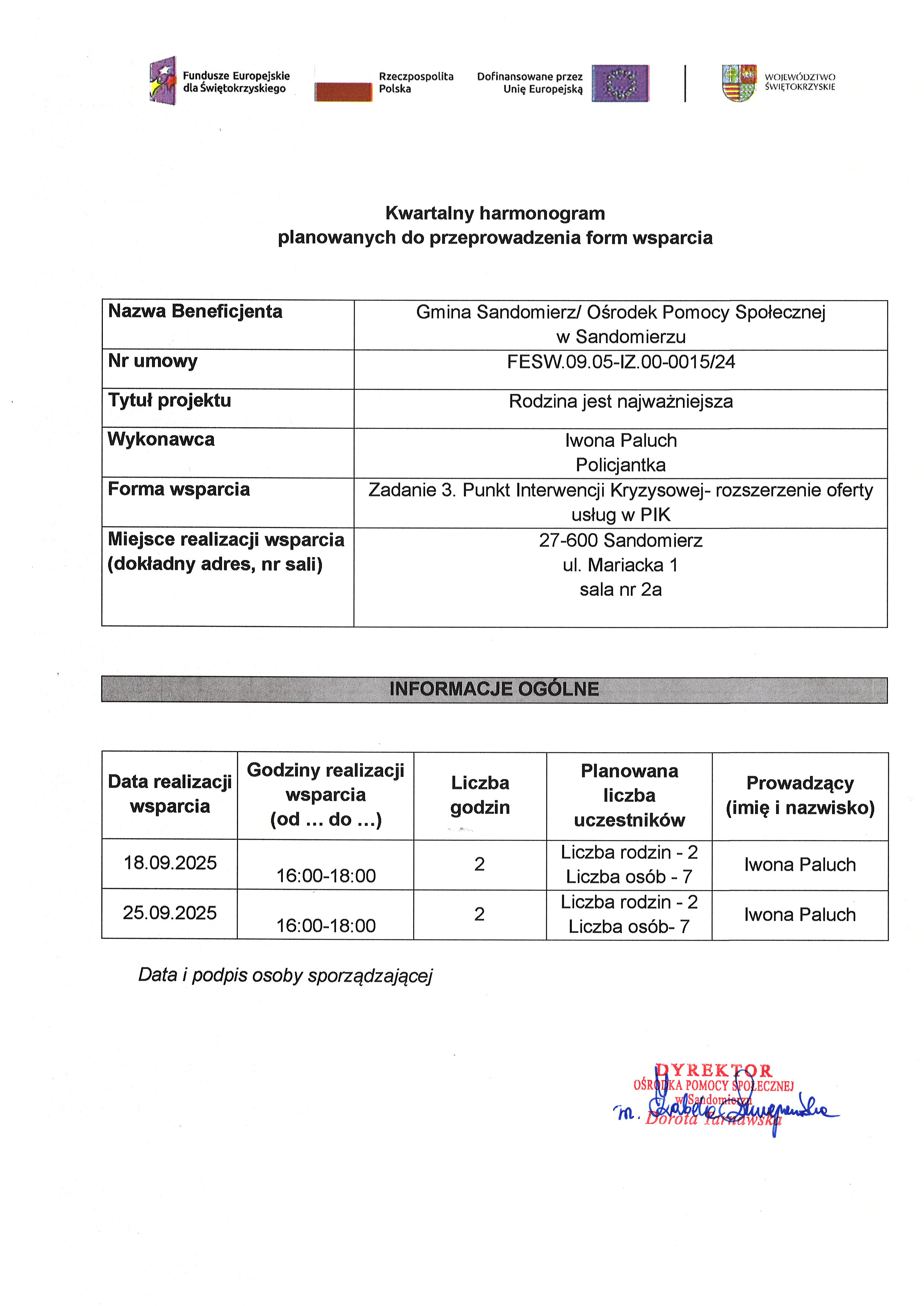 harmonogram planowanych do przeprowadzenia form wsparcia  Policjantka Paluch Iwona IX 2025
