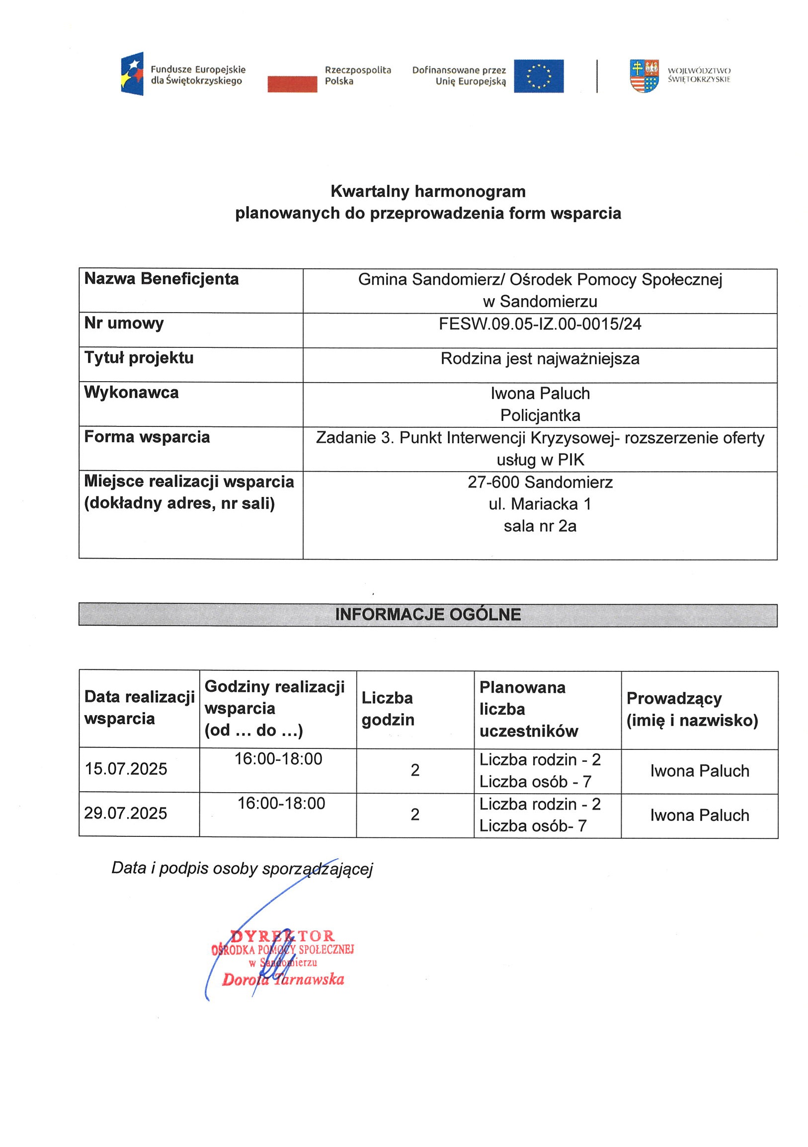 harmonogram planowanych do przeprowadzenia form wsparcia  Policjantka Paluch Iwona VII 2025