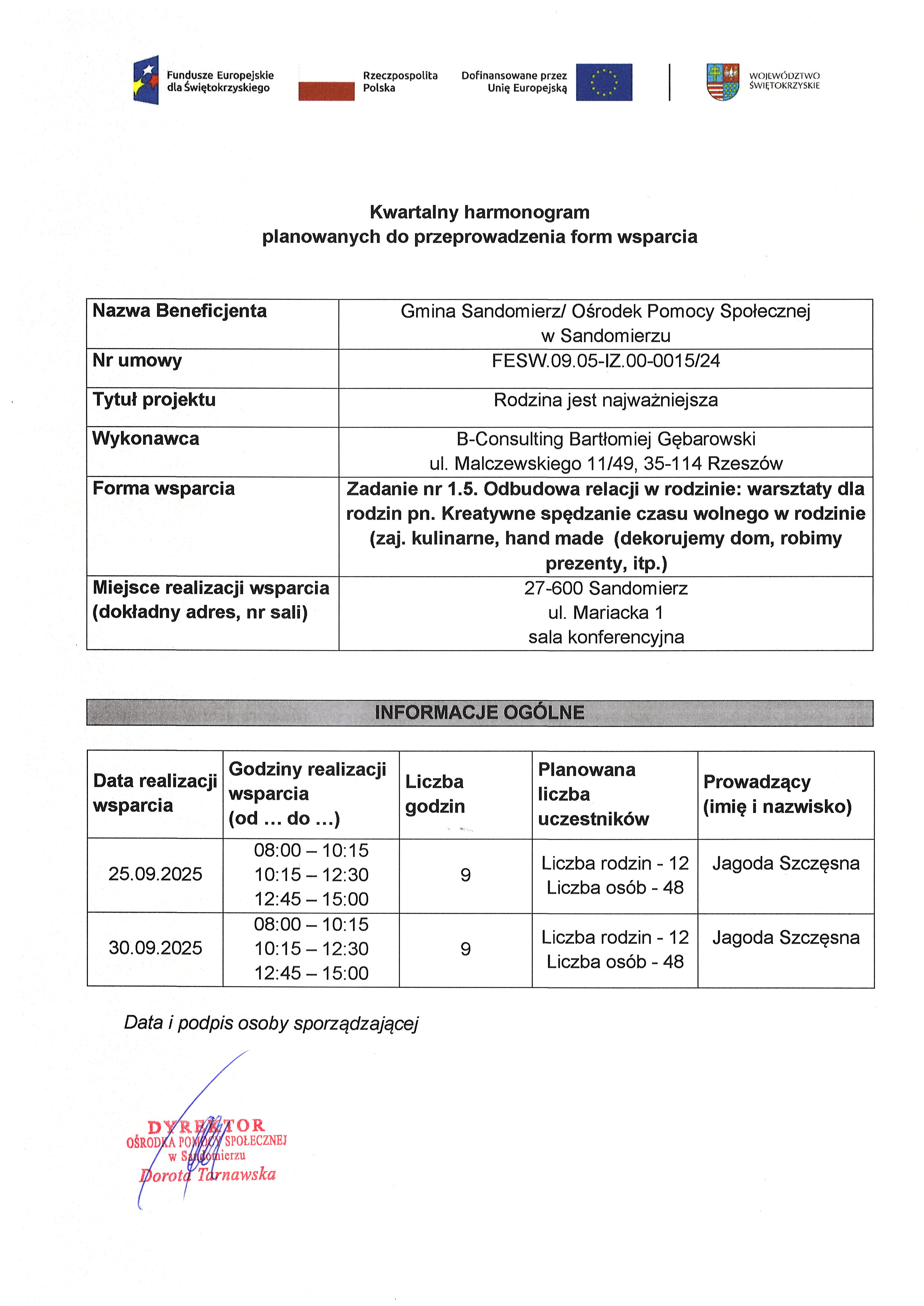 harmonogram planowanych do przeprowadzenia form wsparcia  Zad. 2 Jadwiga Szczęsna Kreatywne spędzanie czasu wolnego w&nbsp;rodzinie IX 2025