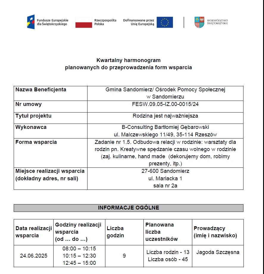 harmonogram planowanych do przeprowadzenia form wsparcia  Zad. 2 Jadwiga Szczęsna VI 2025