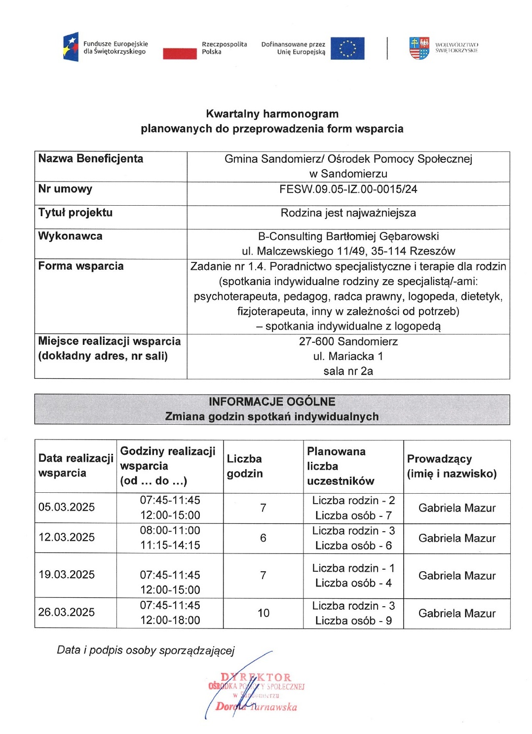 Harmonogram planowanych form wparcia Zadanie nr 1.4. Poradnictwo specjalistyczne i&nbsp;terapie dla rodzin -spotkania indywidualne rodziny z&nbsp;logopedą