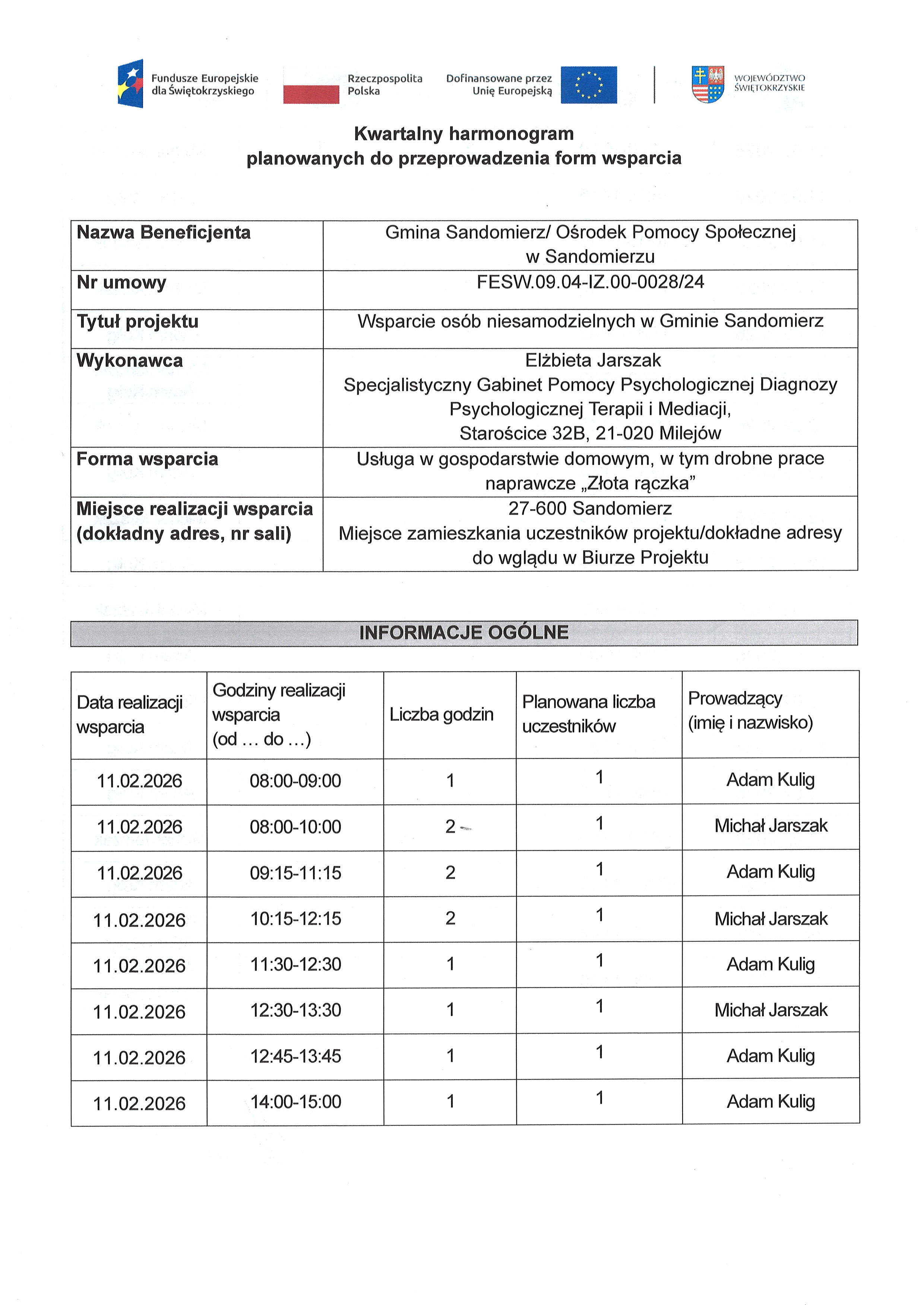 Kwartalny harmonogram planowanych do przeprowadzenia form wsparcia - Usługa w&nbsp;gospodarstwie domowym - Złota rączka