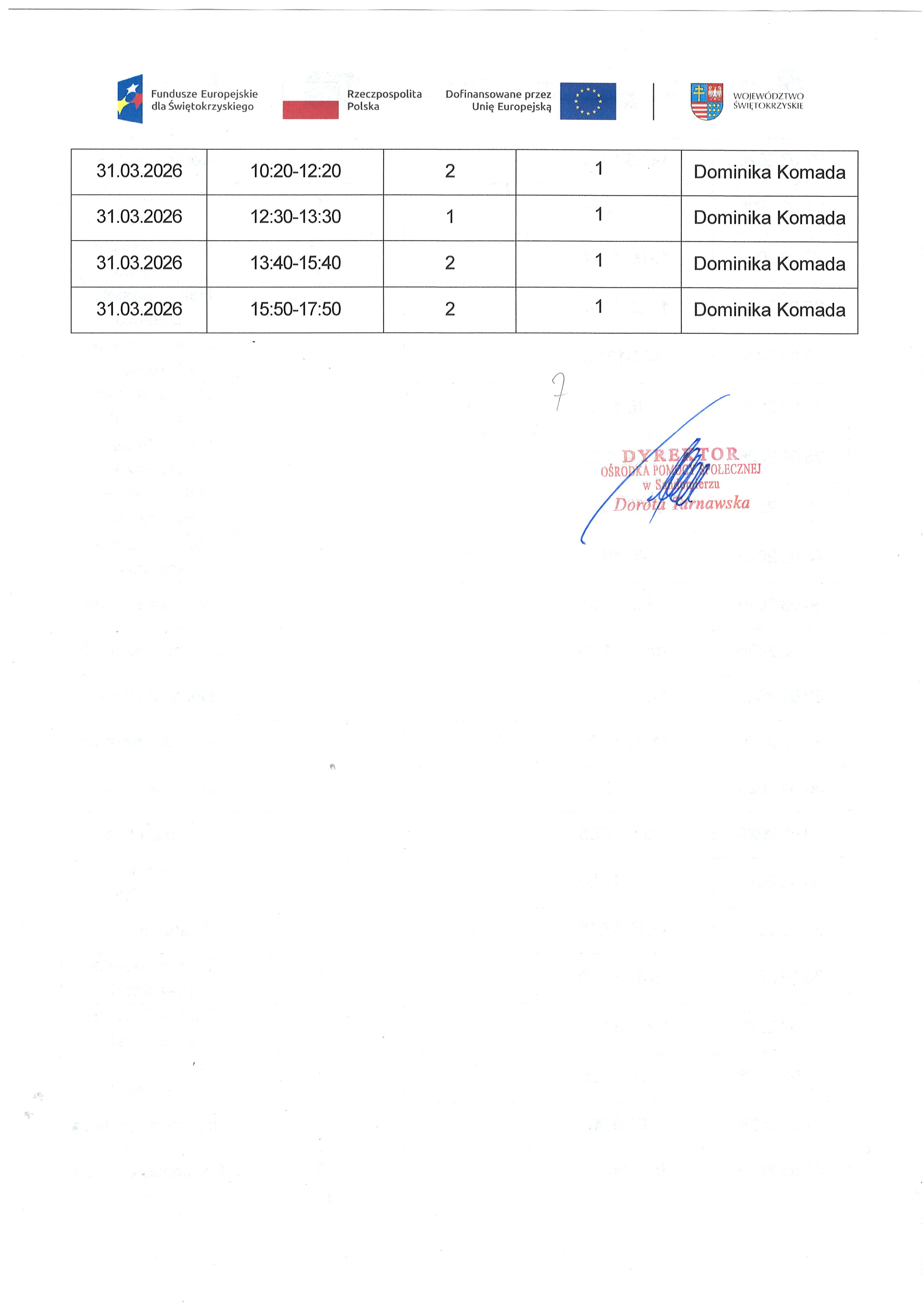 Kwartalny harmonogram planowanych do przeprowadzenia form wsparcia - Zadanie nr 1.2 Usługa zdrowotna : pielęgniarska domowa opieka długoterminowa