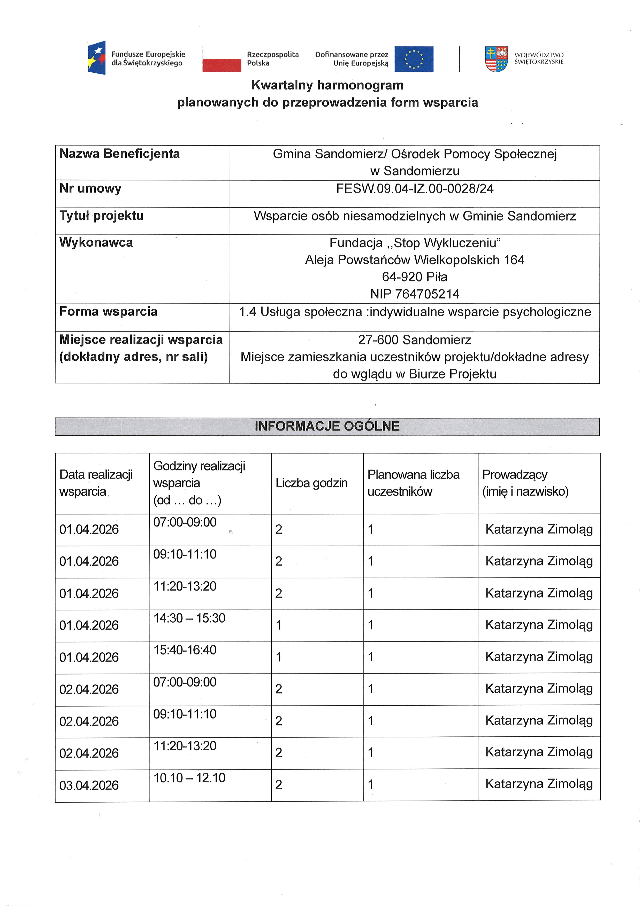 Kwartalny harmonogram planowanych do przeprowadzenia form wsparcia - 1.4. Usługa społeczna: indywidualne wsparcie psychologiczne