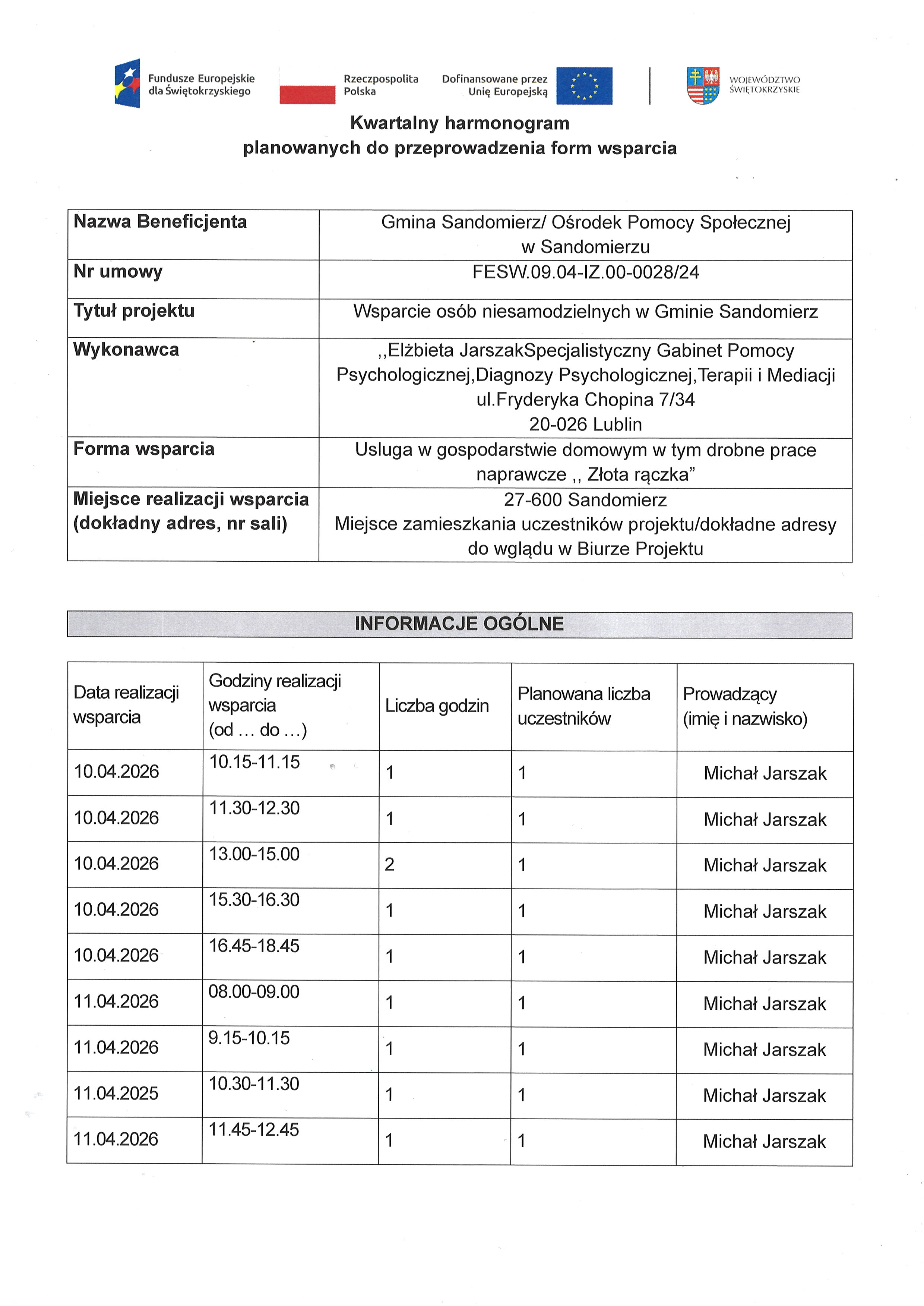 Kwartalny harmonogram planowanych do przeprowadzenia form wsparcia - Usługa w&nbsp;gospodarstwie domowym - Złota rączka - kwiecień 2026
