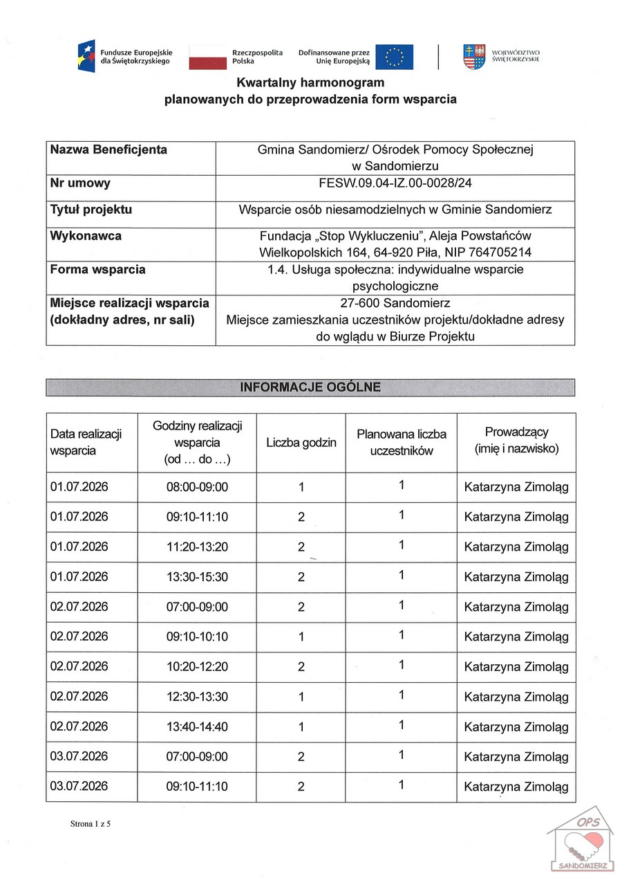 Kwartalny harmonogram planowanych do przeprowadzenia form wsparcia - 1.4. Usługa społeczna: indywidualne wsparcie psychologiczne - lipiec 2026