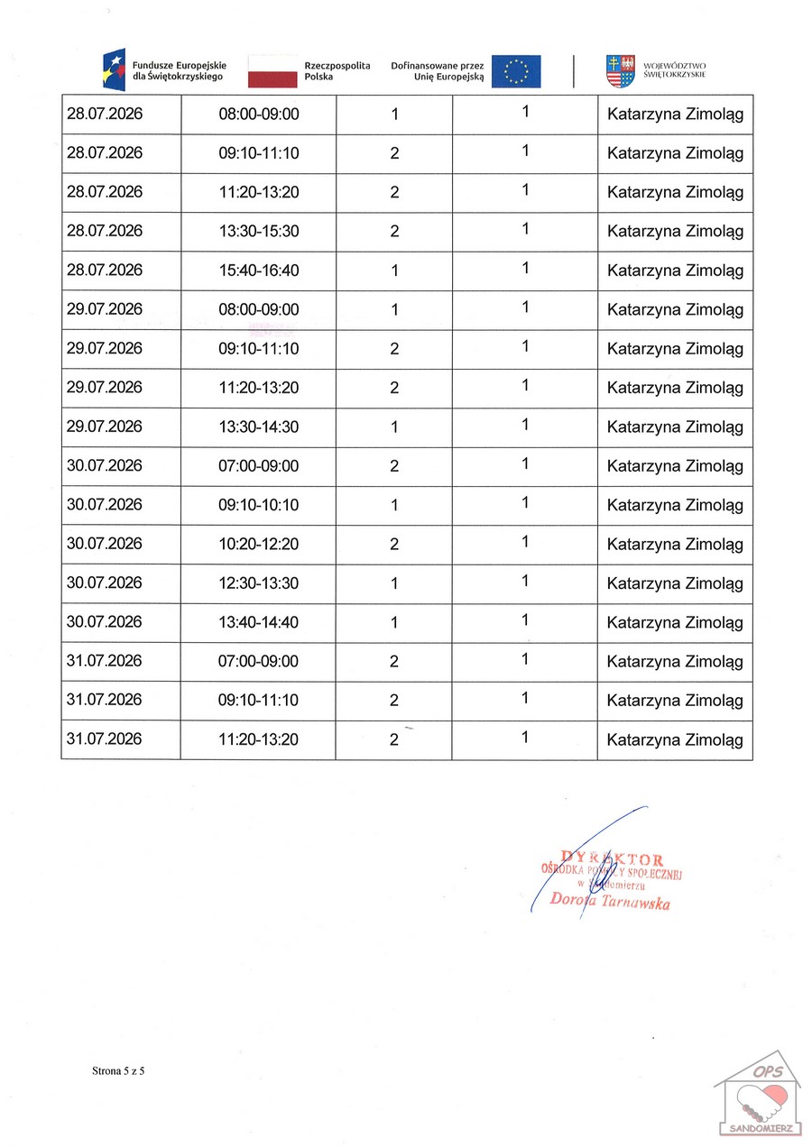 Kwartalny harmonogram planowanych do przeprowadzenia form wsparcia - 1.4. Usługa społeczna: indywidualne wsparcie psychologiczne - lipiec 2026